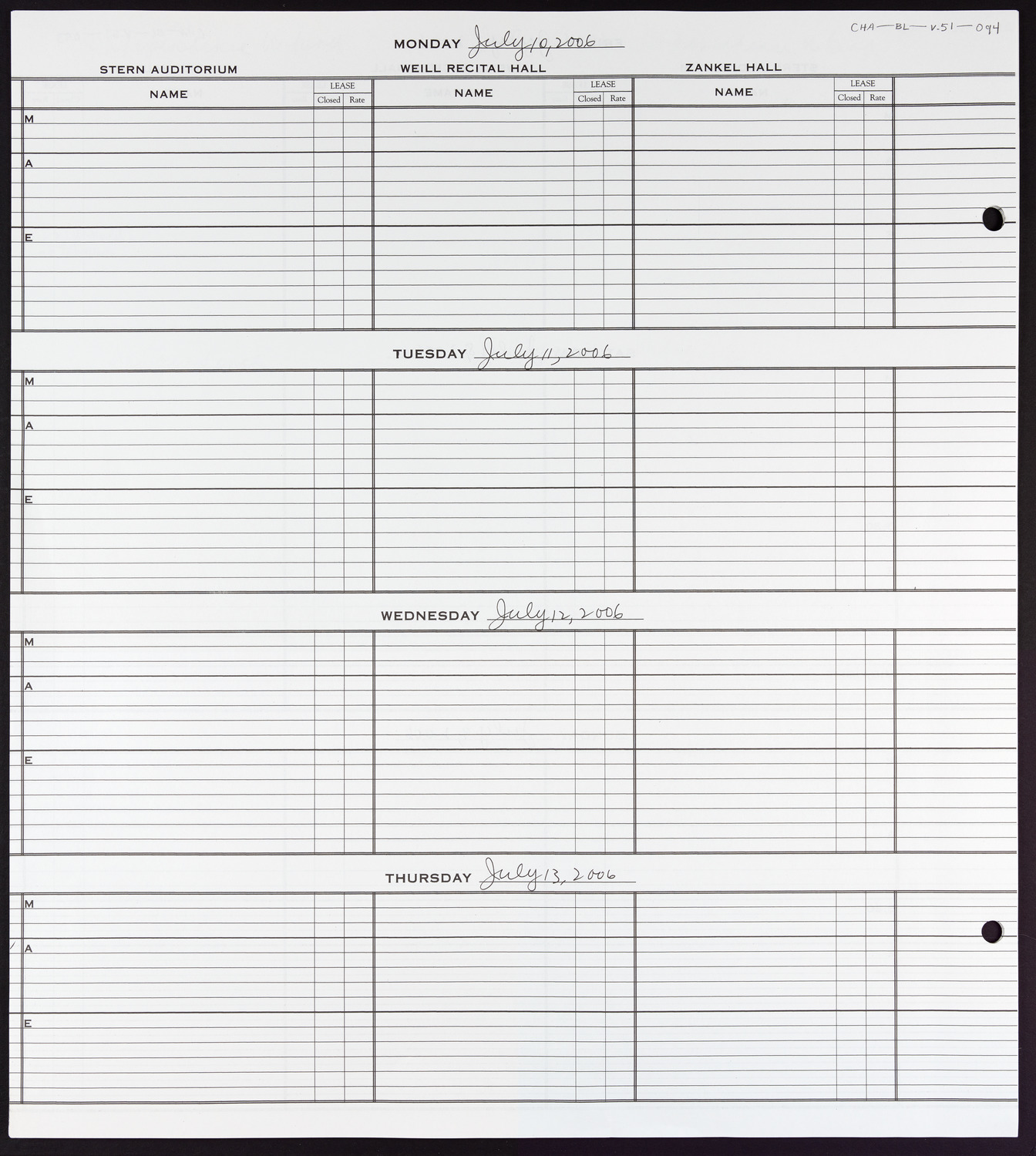 Carnegie Hall Booking Ledger, volume 51, page 94