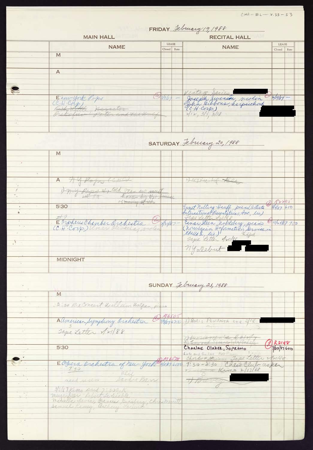 Carnegie Hall Booking Ledger, volume 33, page 53