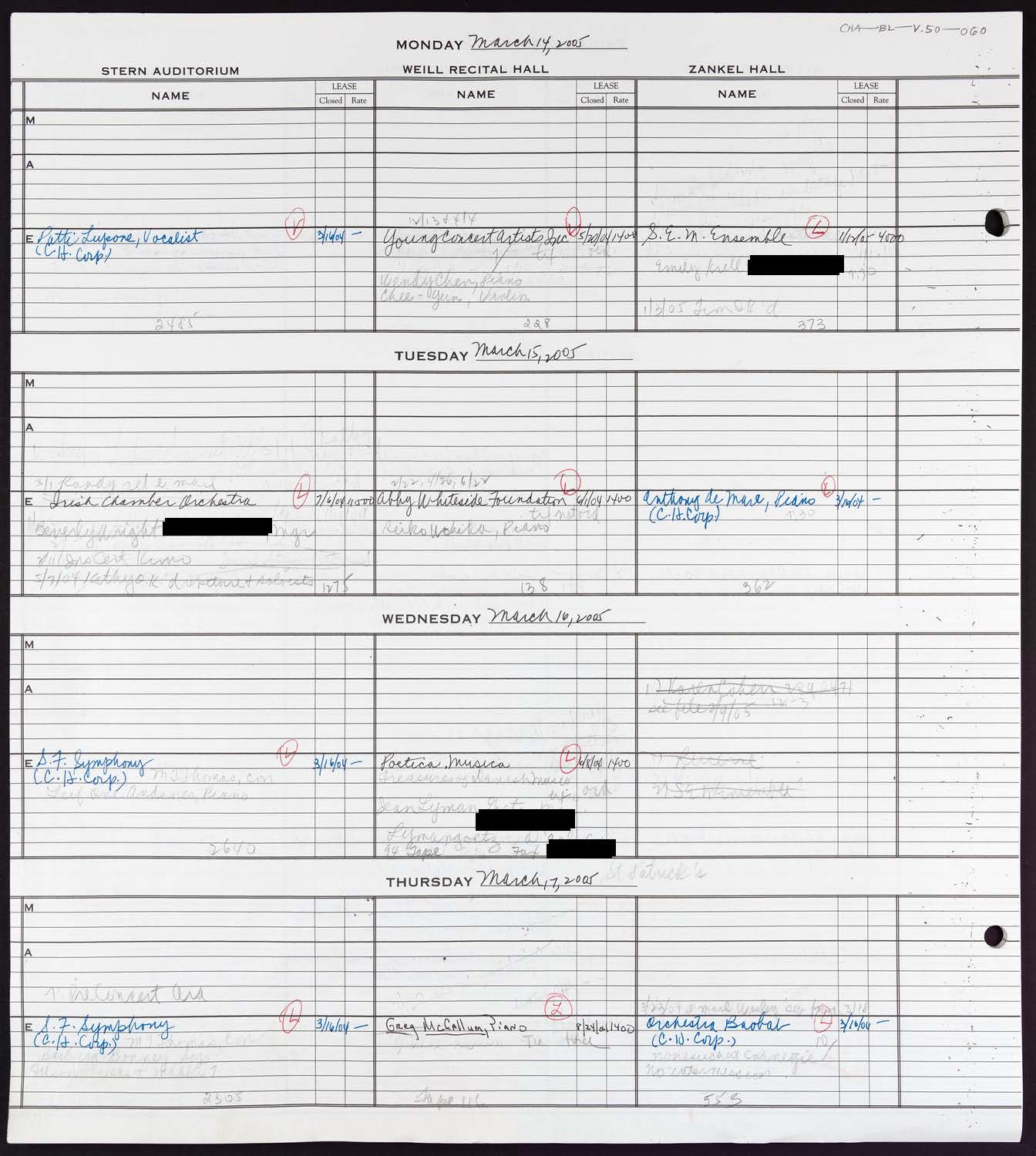 Carnegie Hall Booking Ledger, volume 50, page 60