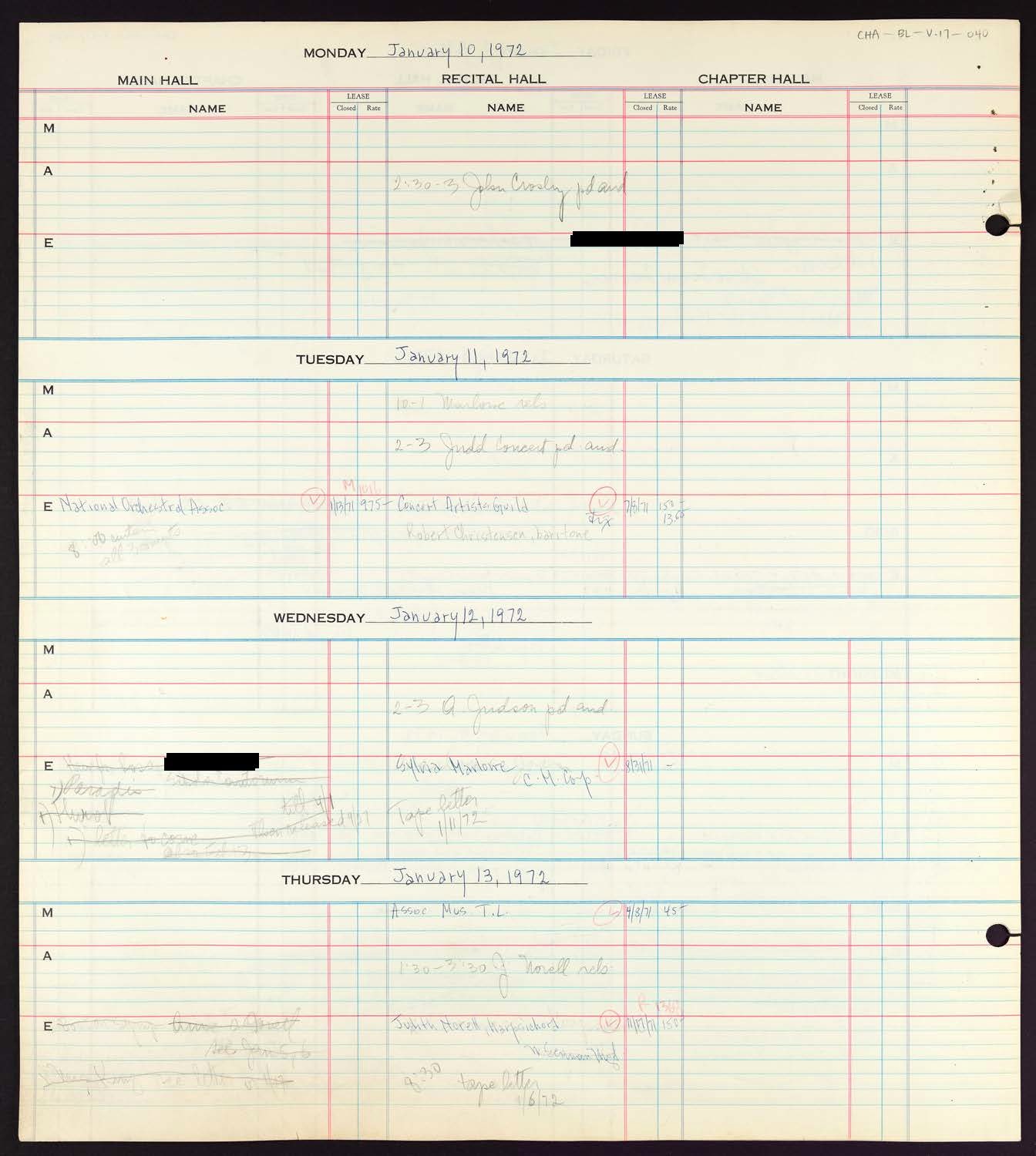 Carnegie Hall Booking Ledger, volume 17, page 40