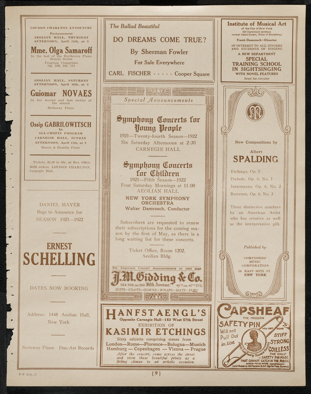 Philadelphia Orchestra, April 5, 1921, program page 9