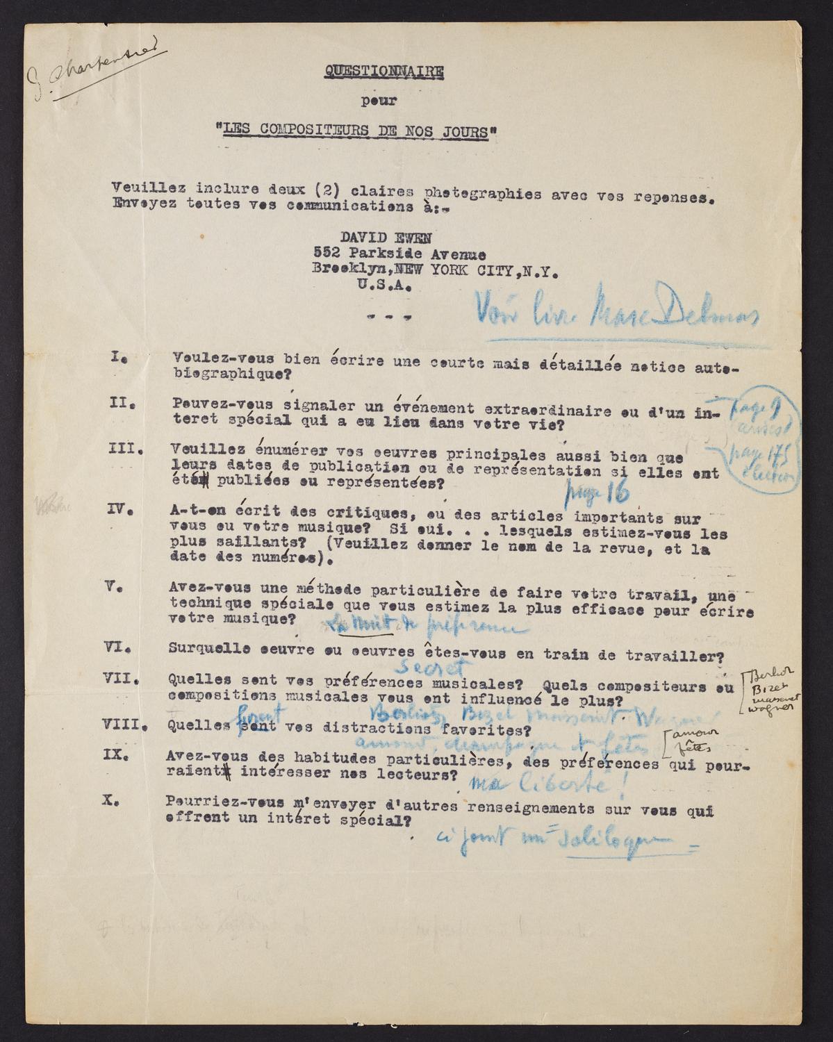 Correspondence from Gustave Charpentier to David Ewen