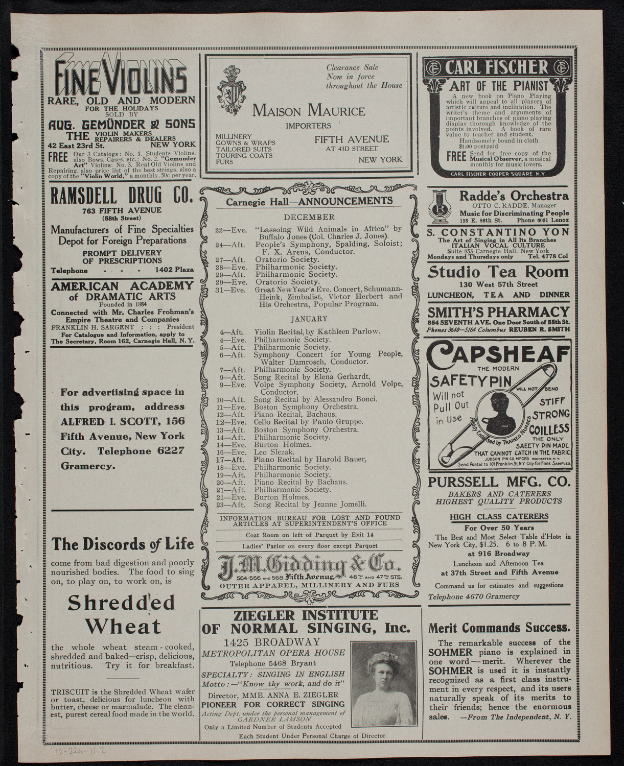 New York Philharmonic, December 22, 1911, program page 3