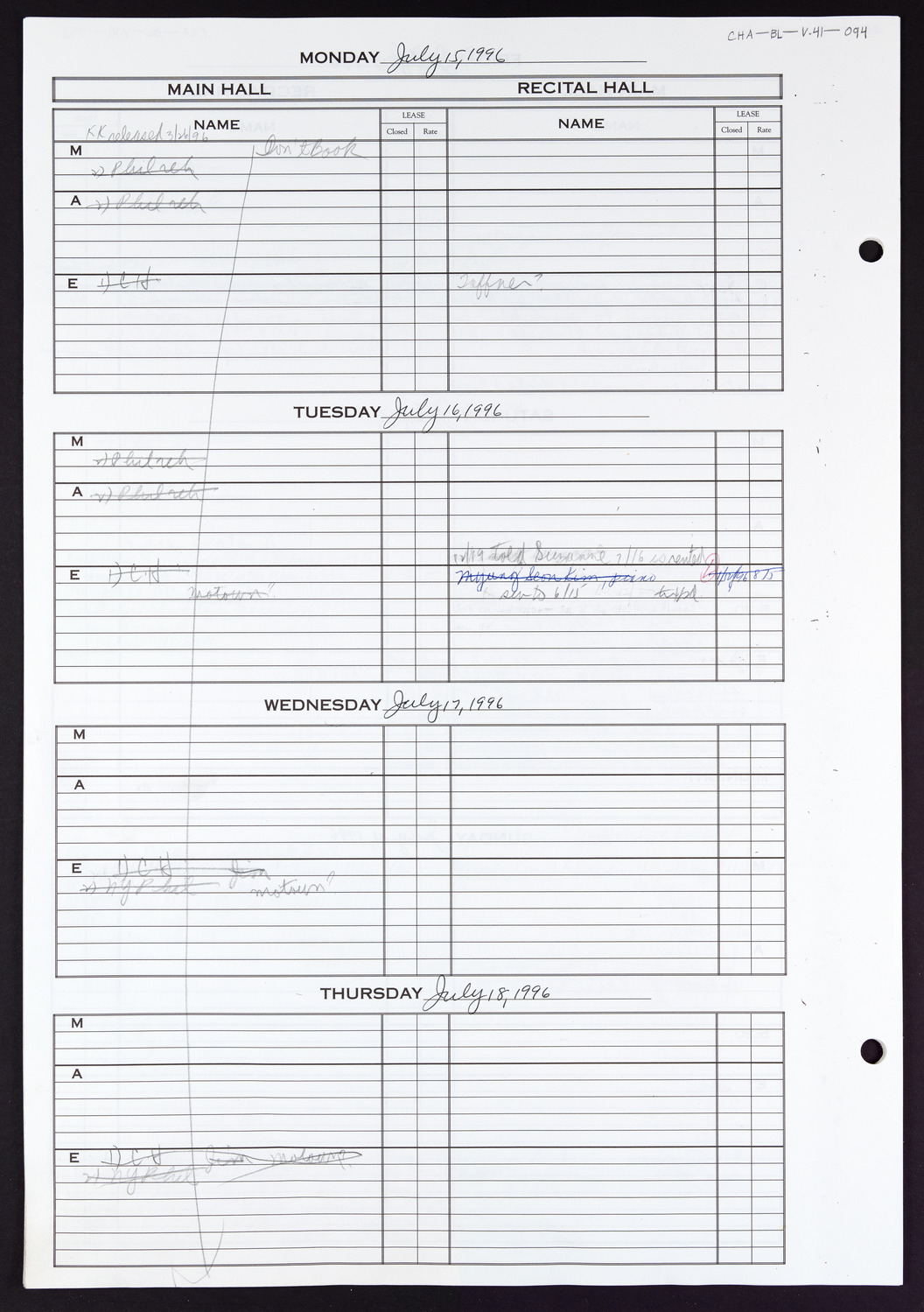 Carnegie Hall Booking Ledger, volume 41, page 94