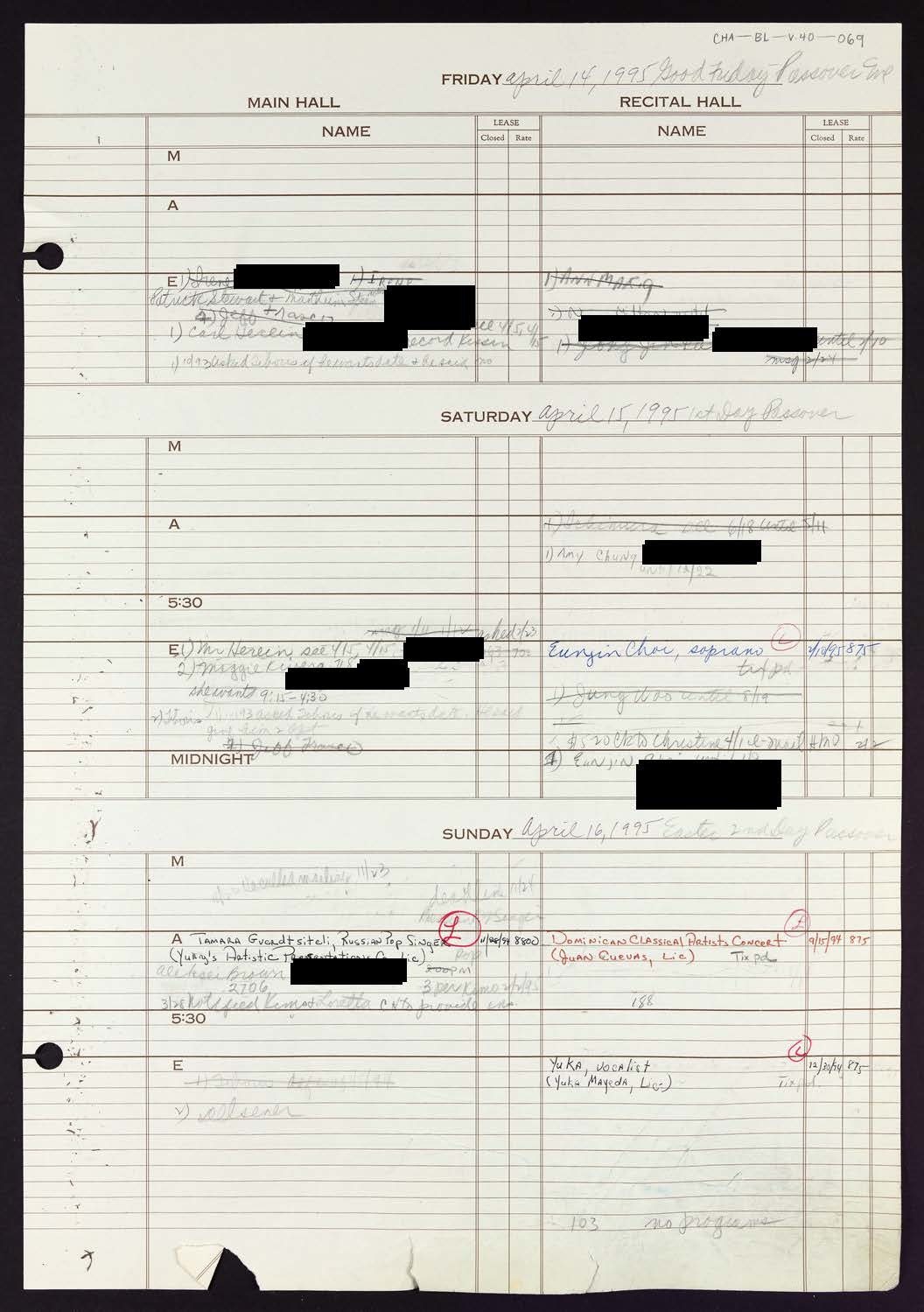 Carnegie Hall Booking Ledger, volume 40, page 69