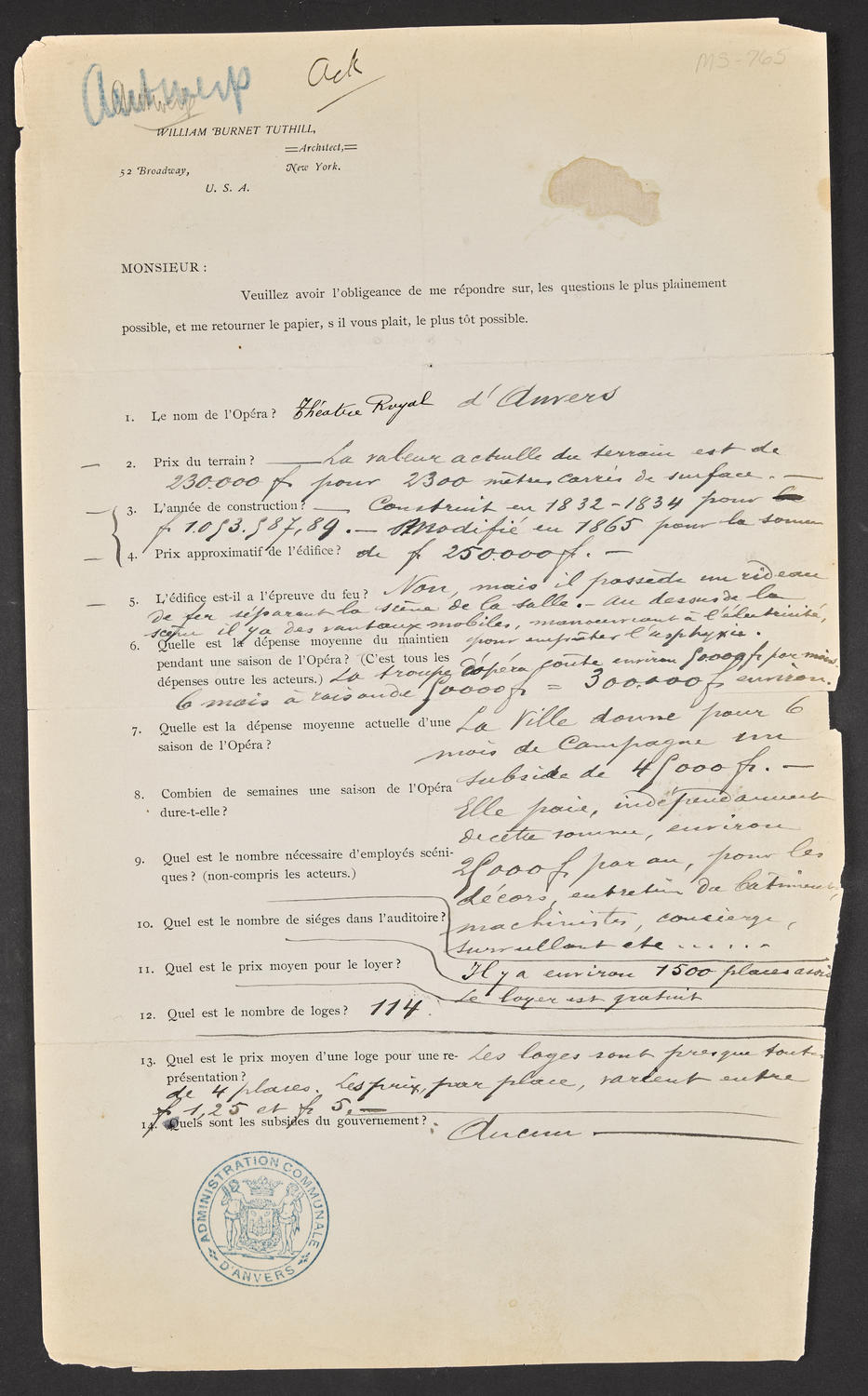 Questionnaire to the Théâtre Royal d'Anvers (front)