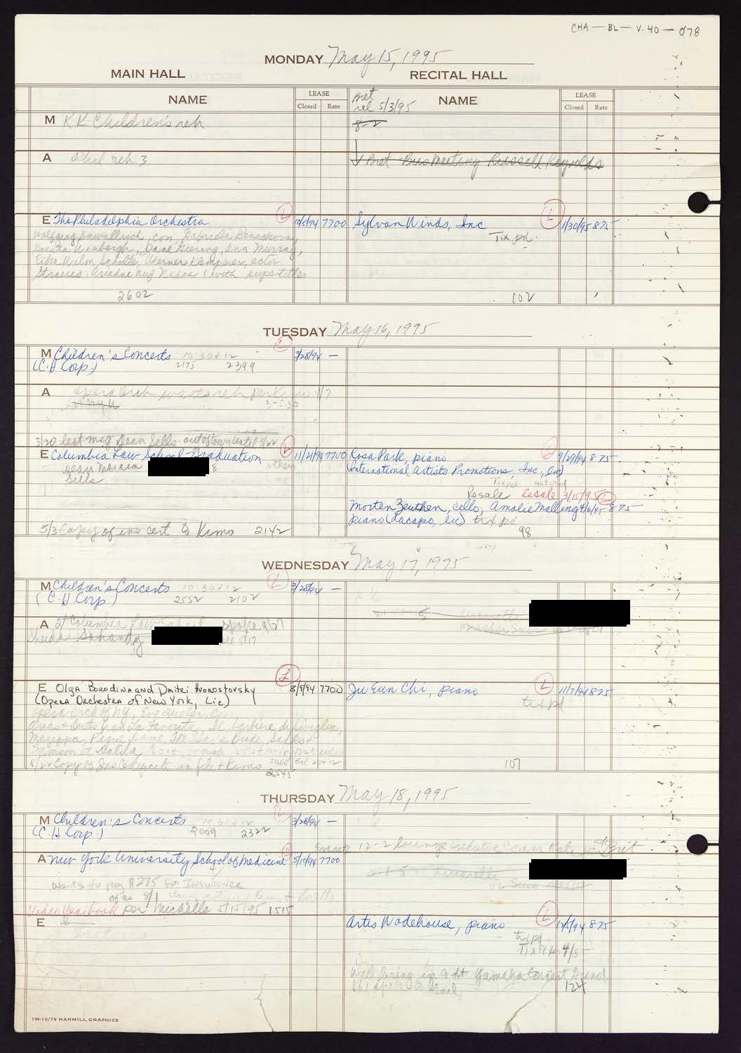 Carnegie Hall Booking Ledger, volume 40, page 78