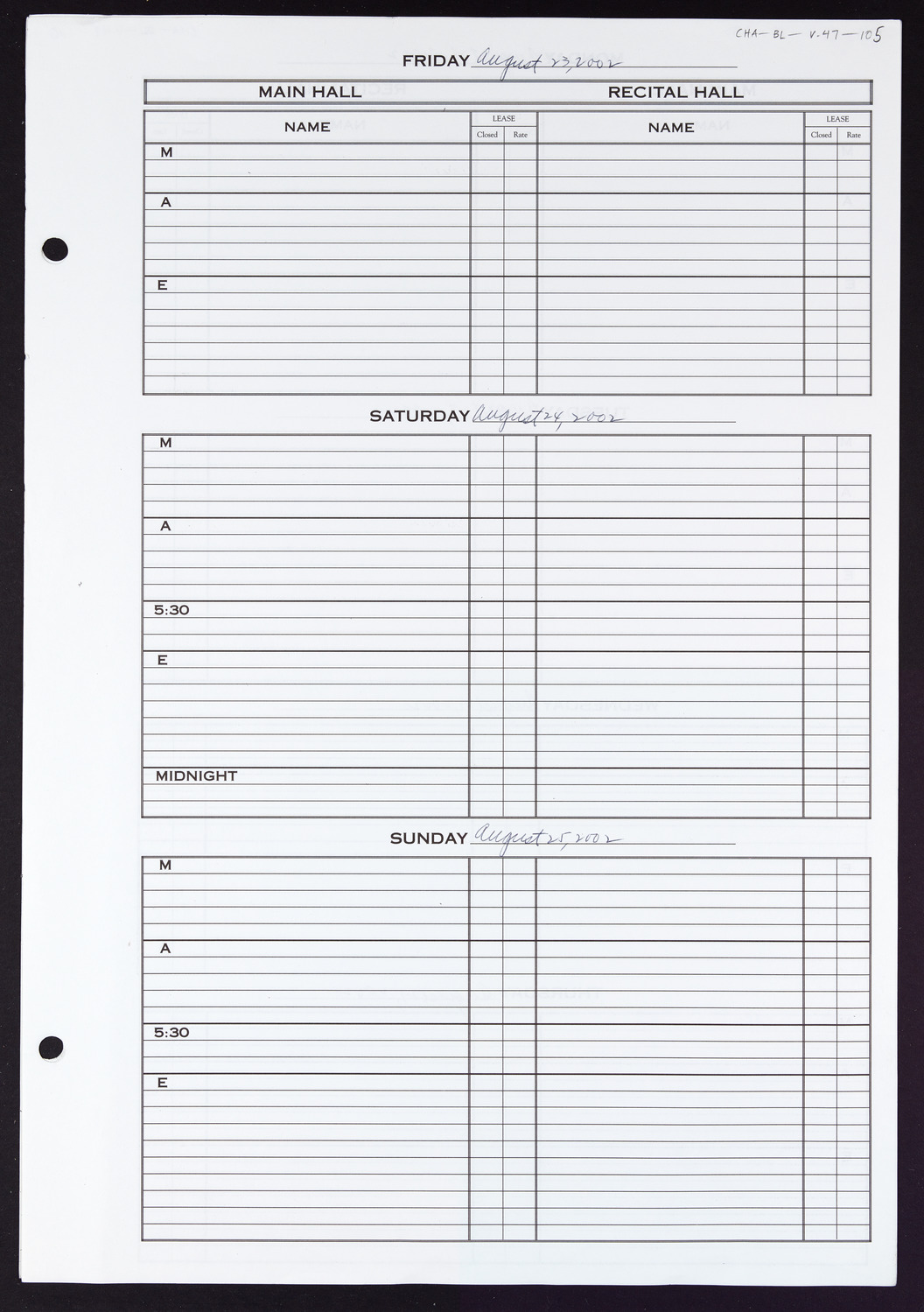 Carnegie Hall Booking Ledger, volume 47, page 105