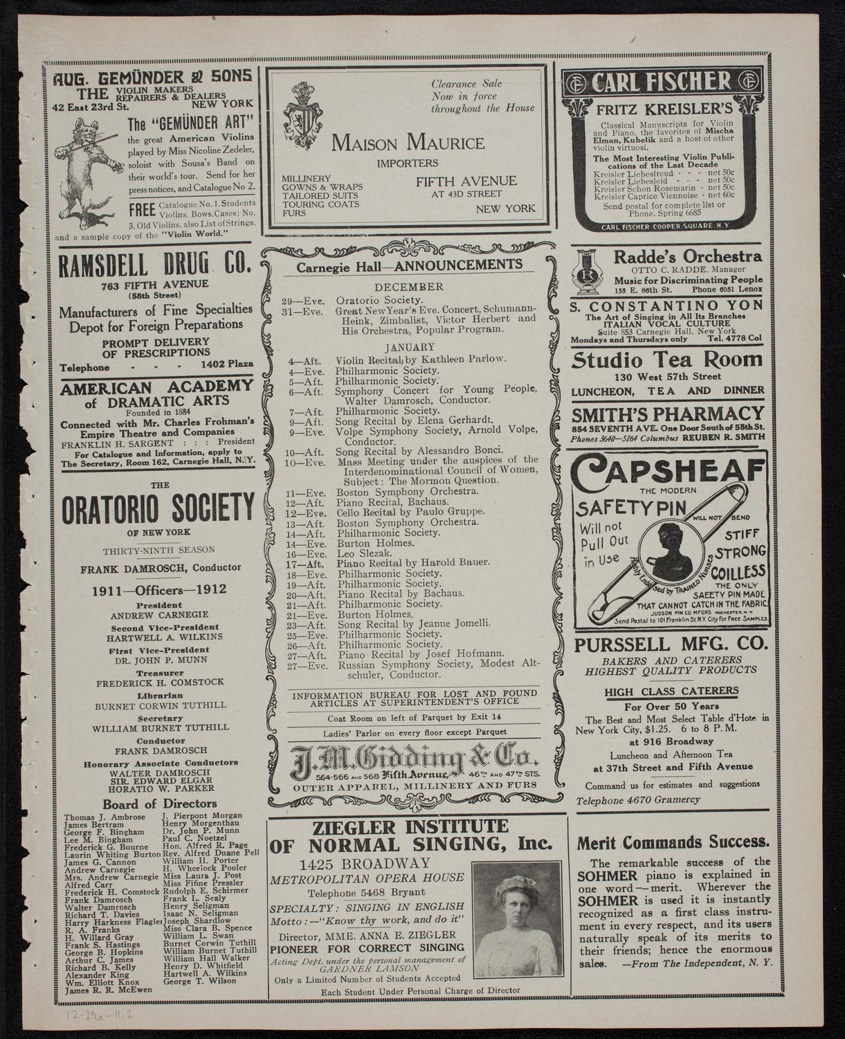 New York Philharmonic, December 29, 1911, program page 3