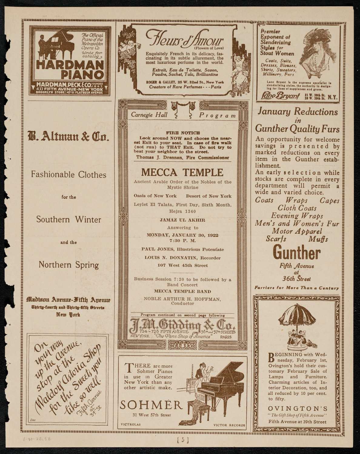 Mecca Temple of New York: Ancient Arabic Order of the Nobles of the Mystic Shrine, January 30, 1922, program page 5