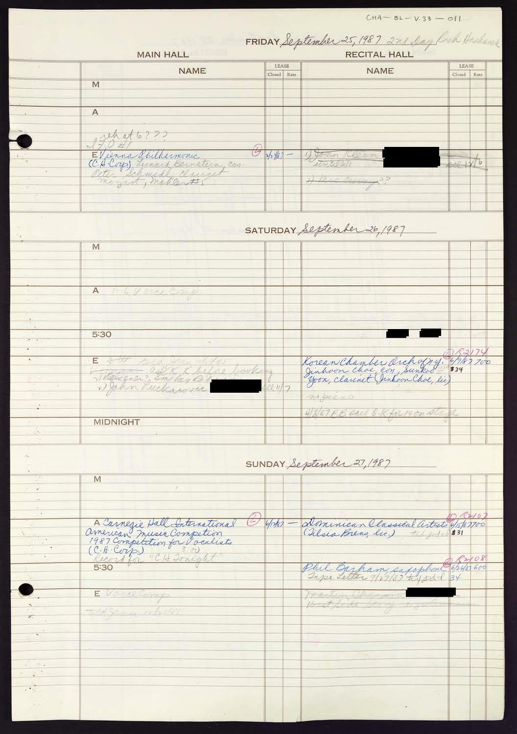 Carnegie Hall Booking Ledger, volume 33, page 11