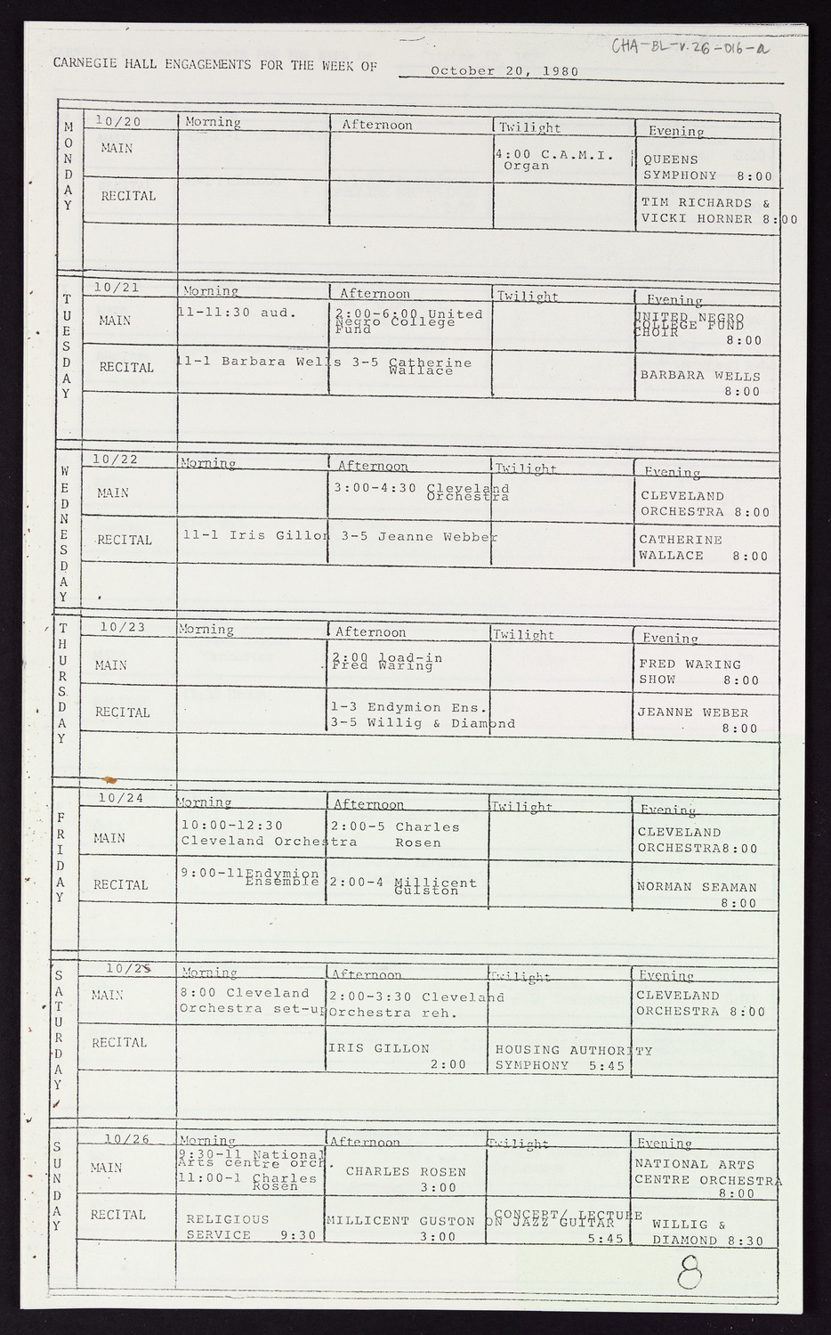 Carnegie Hall Booking Ledger, volume 26, page 16a