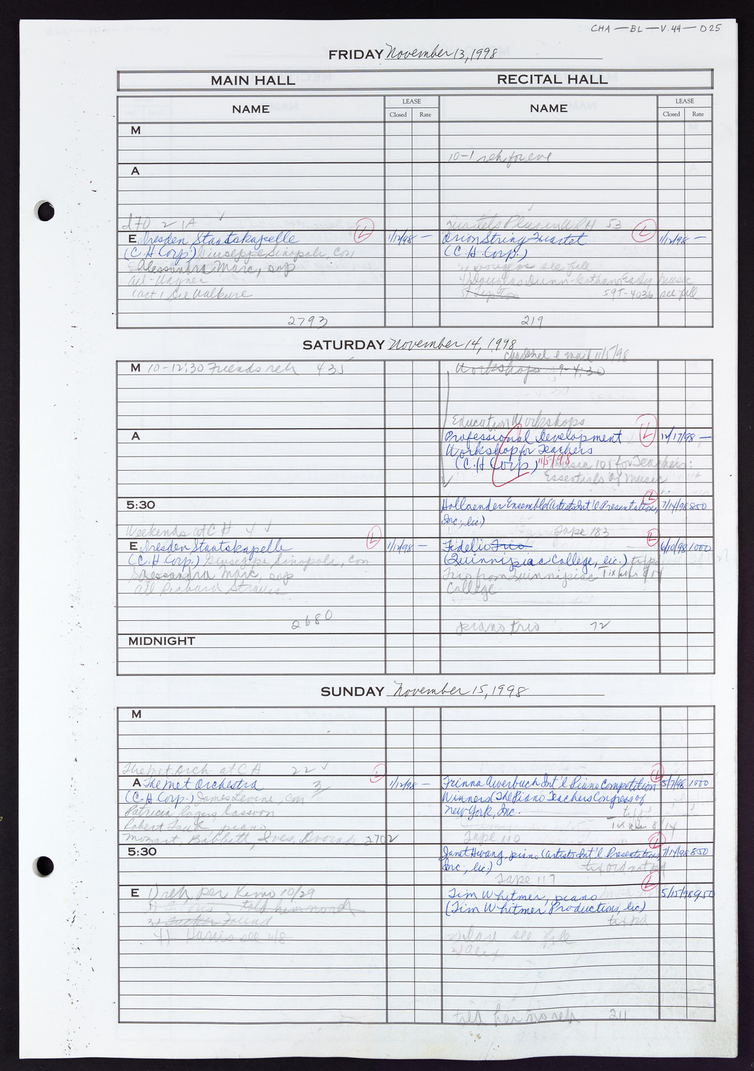 Carnegie Hall Booking Ledger, volume 44, page 25