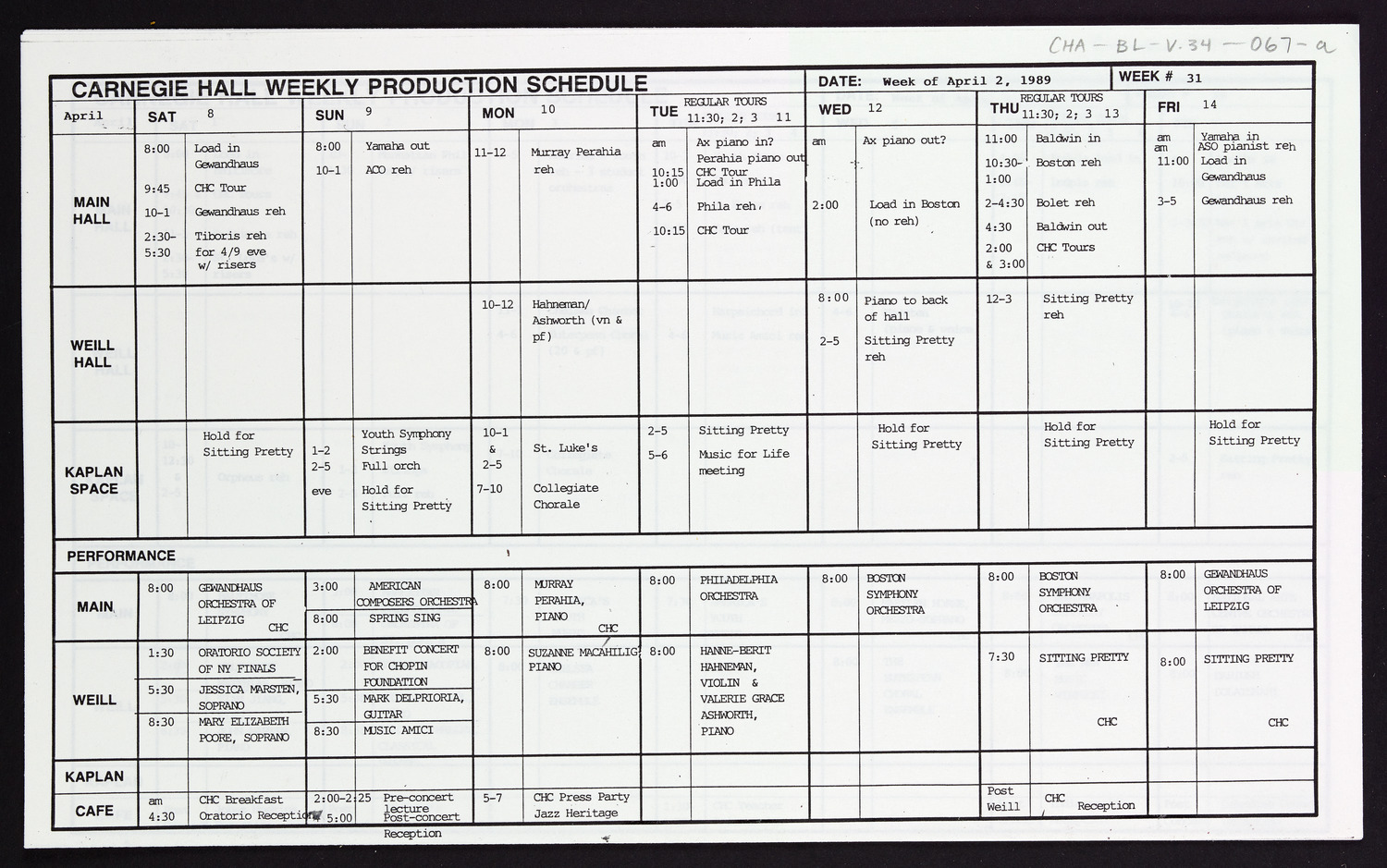 Carnegie Hall Booking Ledger, volume 34, page 67a