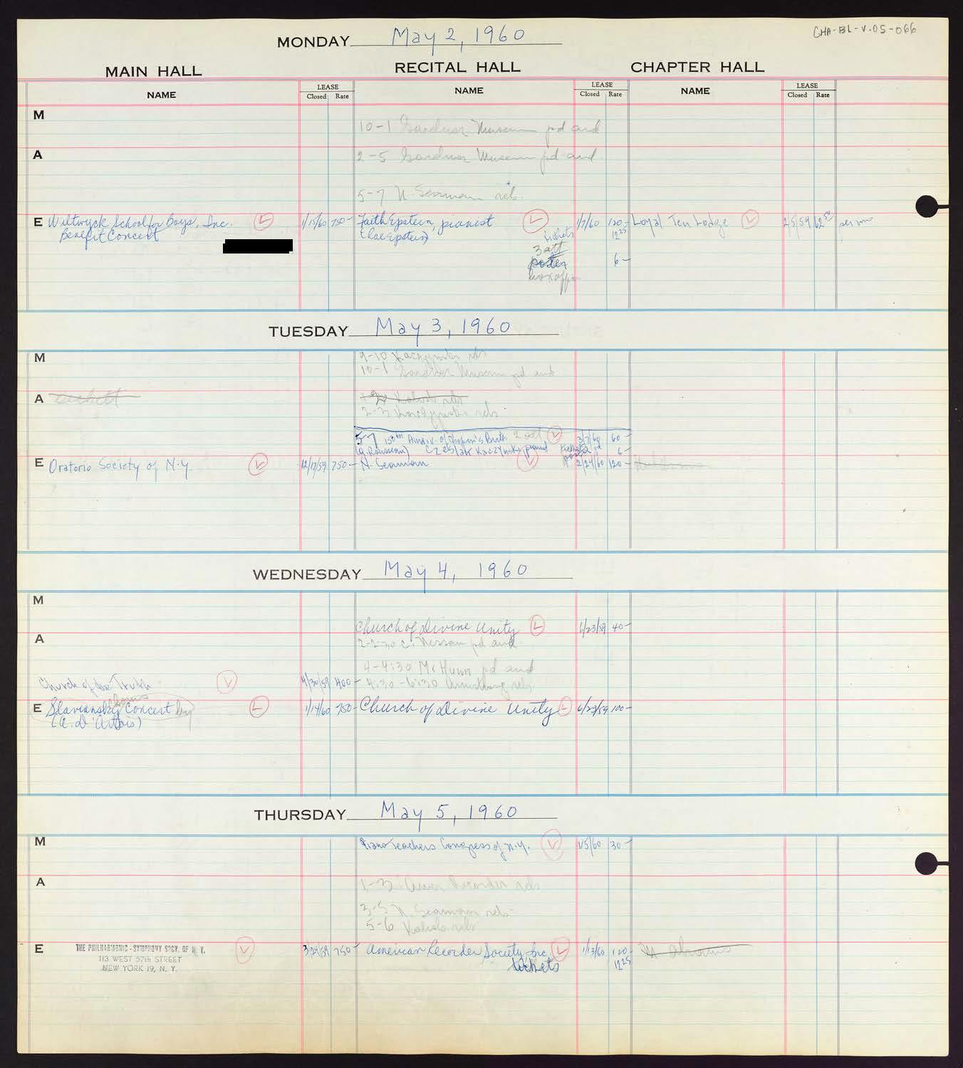 Carnegie Hall Booking Ledger, volume 5, page 66