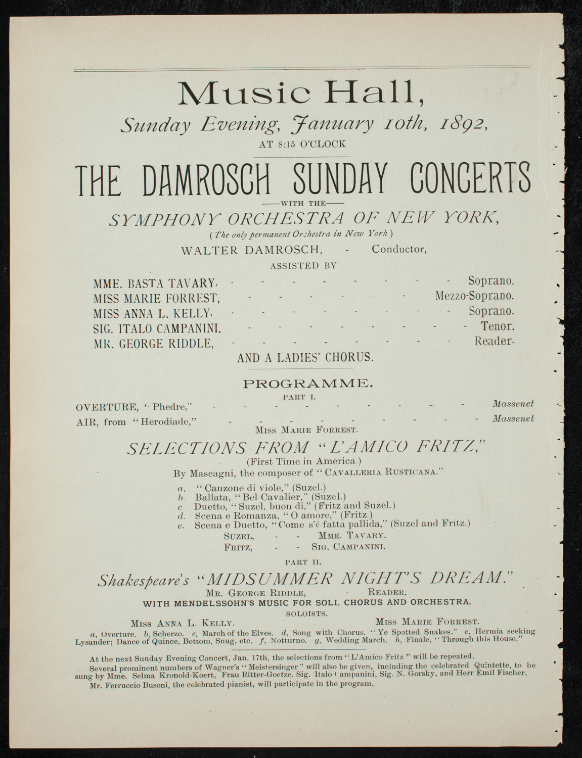 Damrosch Sunday Concert, January 10, 1892, program page 6