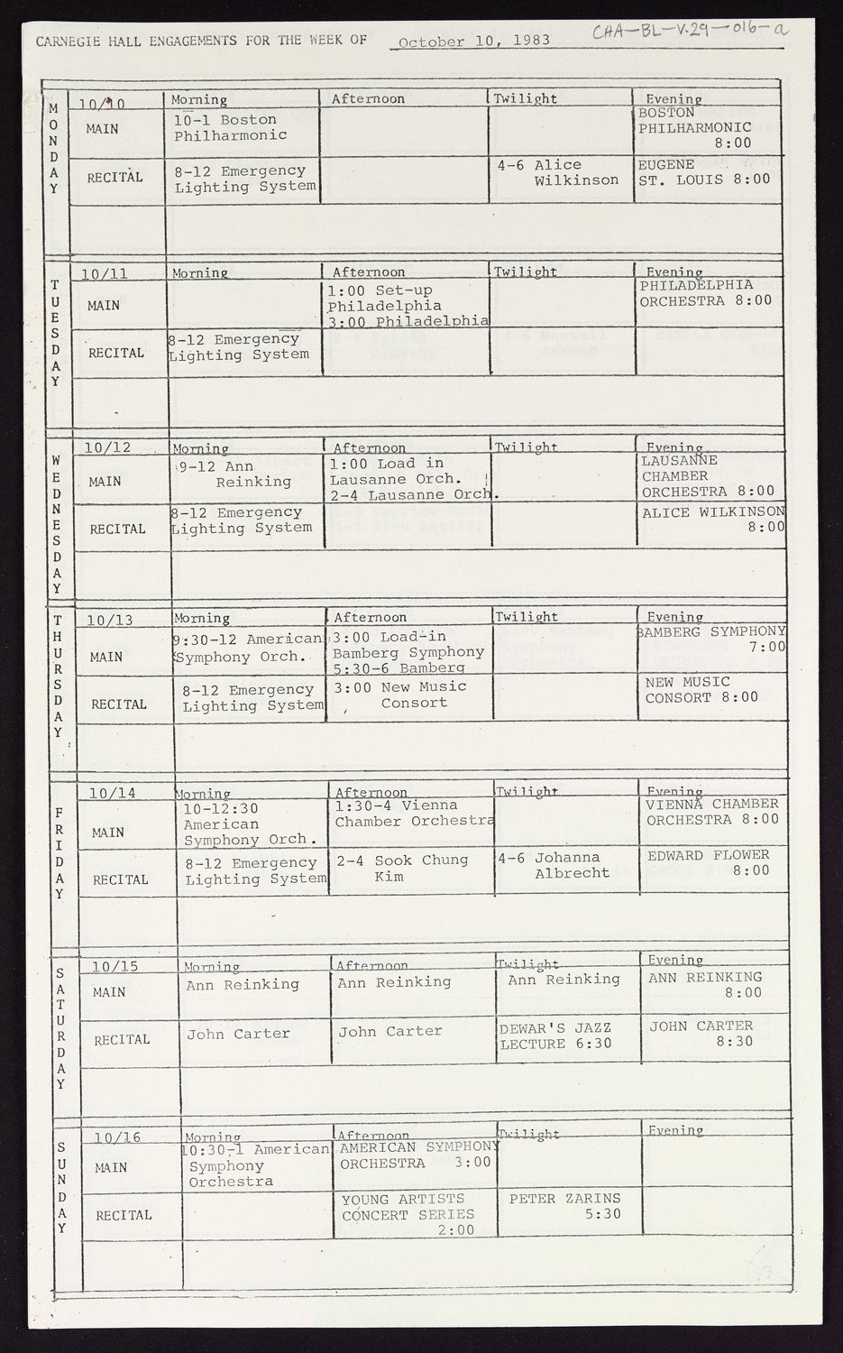 Carnegie Hall Booking Ledger, volume 29, page 16a