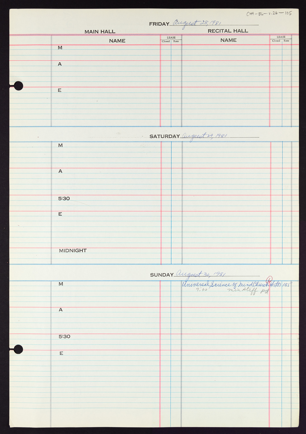 Carnegie Hall Booking Ledger, volume 26, page 105
