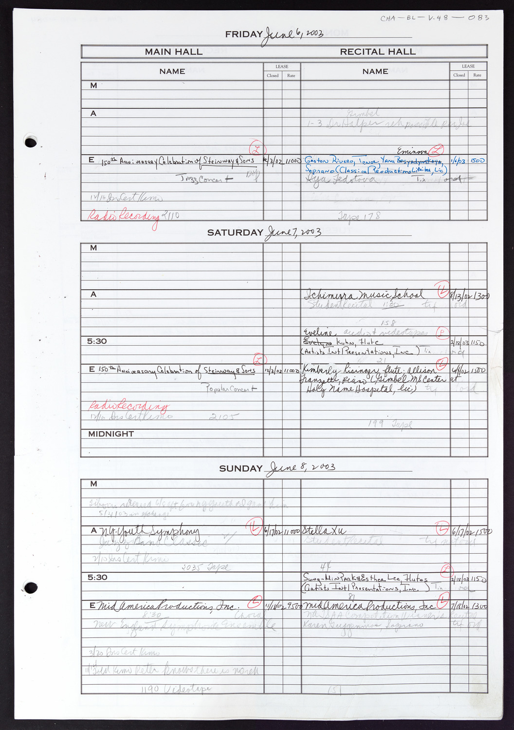 Carnegie Hall Booking Ledger, volume 48, page 83