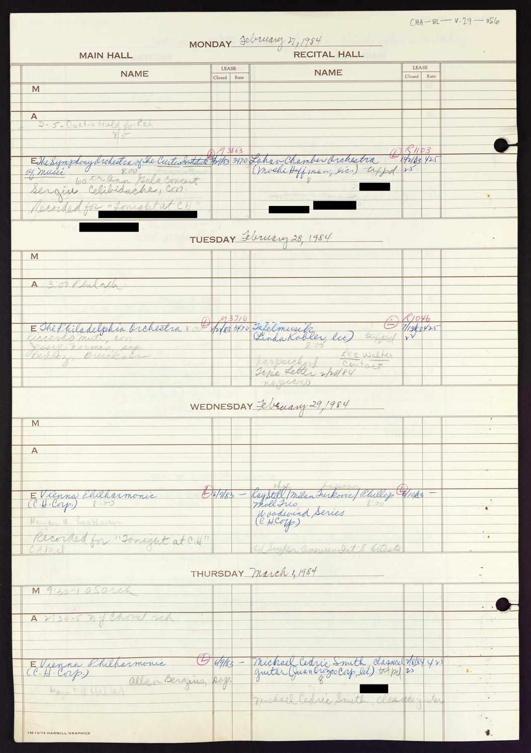 Carnegie Hall Booking Ledger, volume 29, page 56