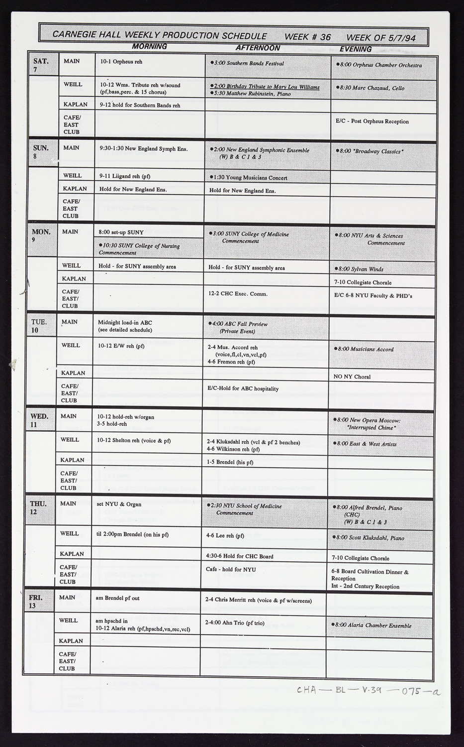 Carnegie Hall Booking Ledger, volume 39, page 75a