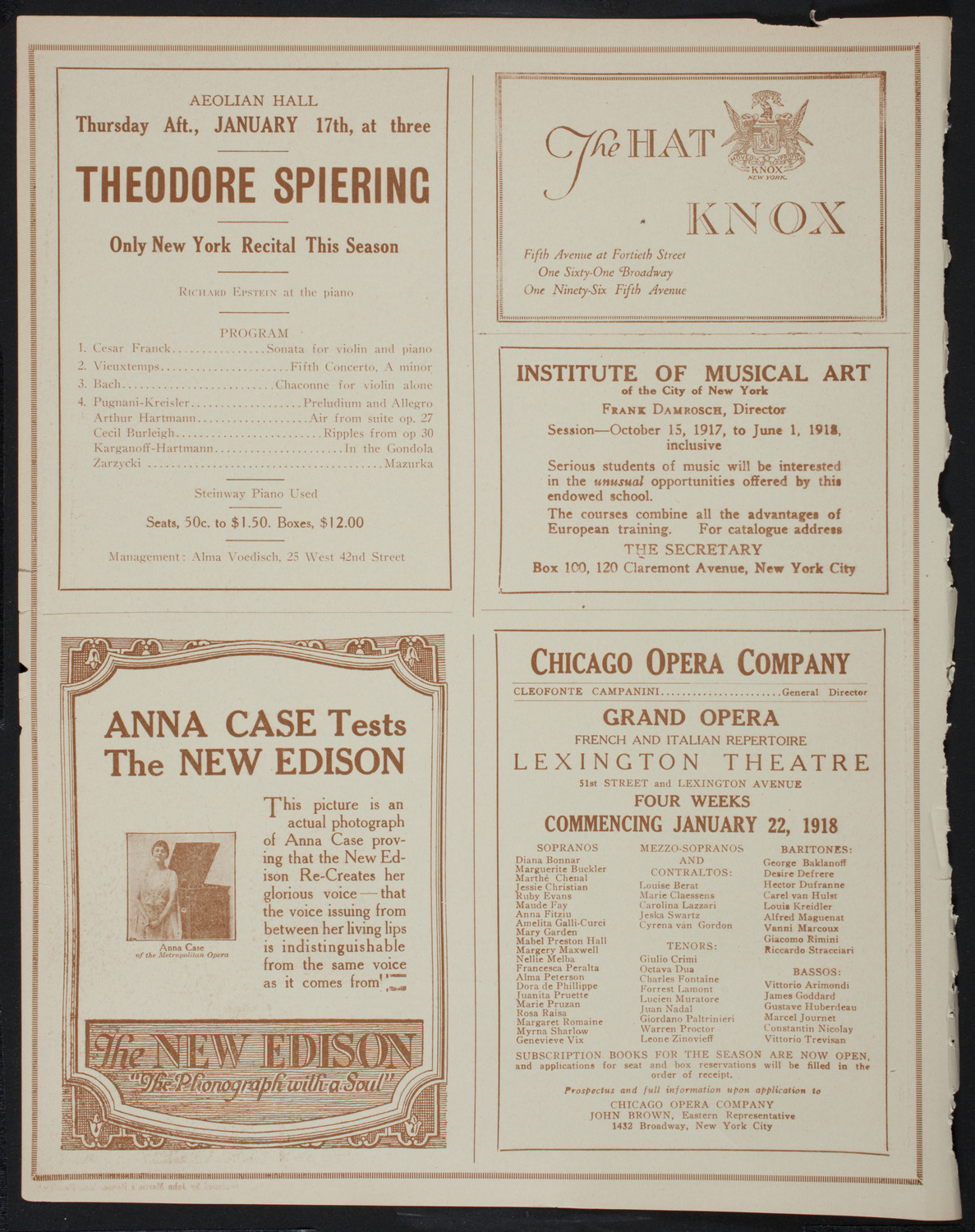 Jascha Heifetz, Violin, January 1, 1918, program page 2