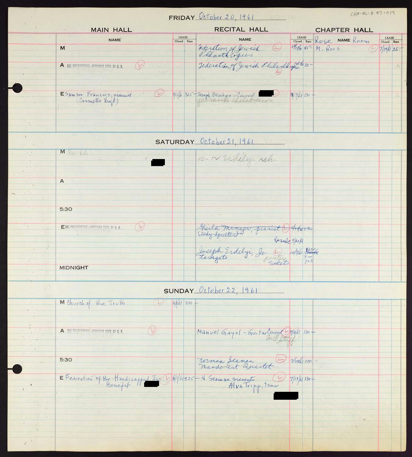 Carnegie Hall Booking Ledger, volume 7, page 19