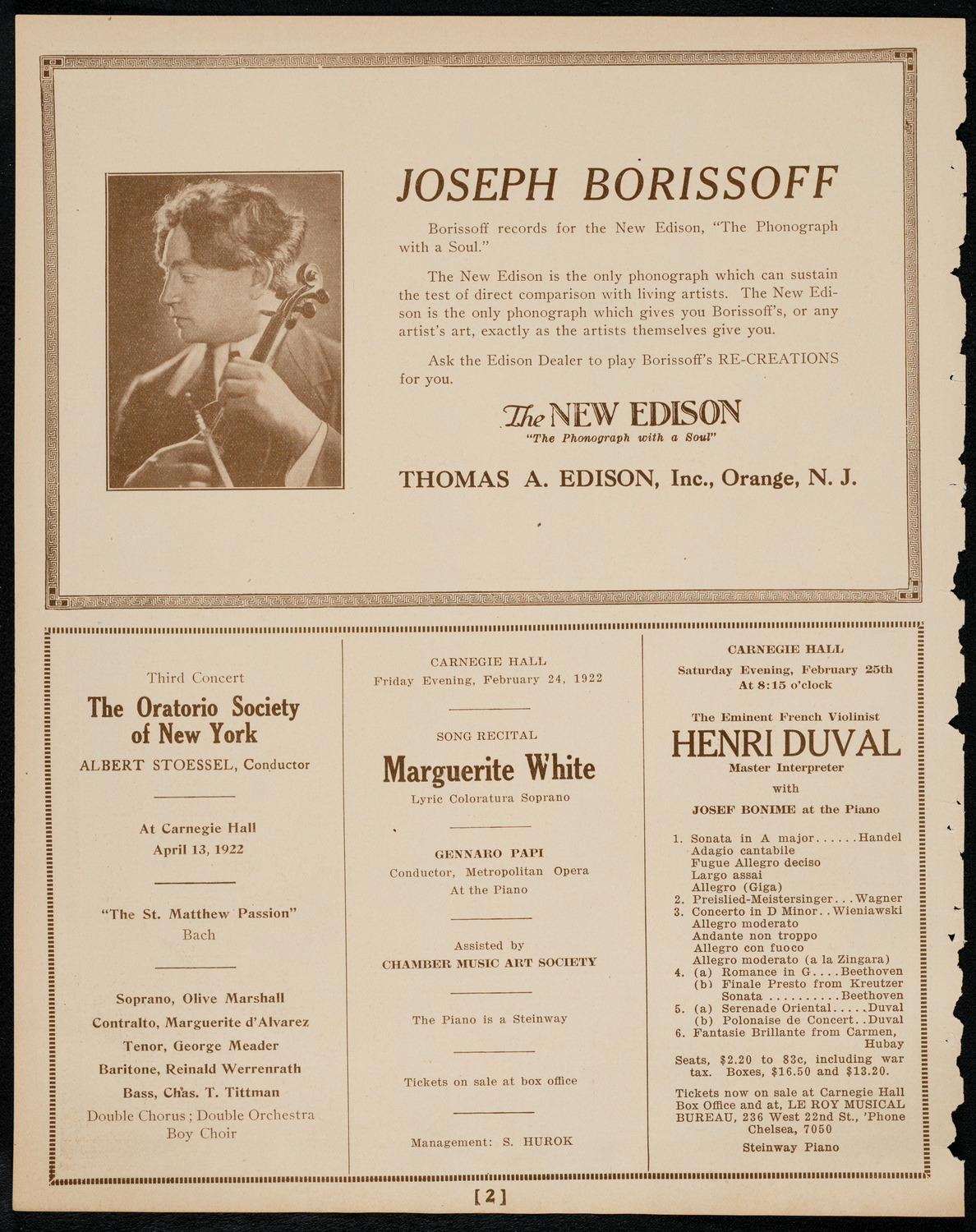 Oratorio Society of New York, February 21, 1922, program page 2