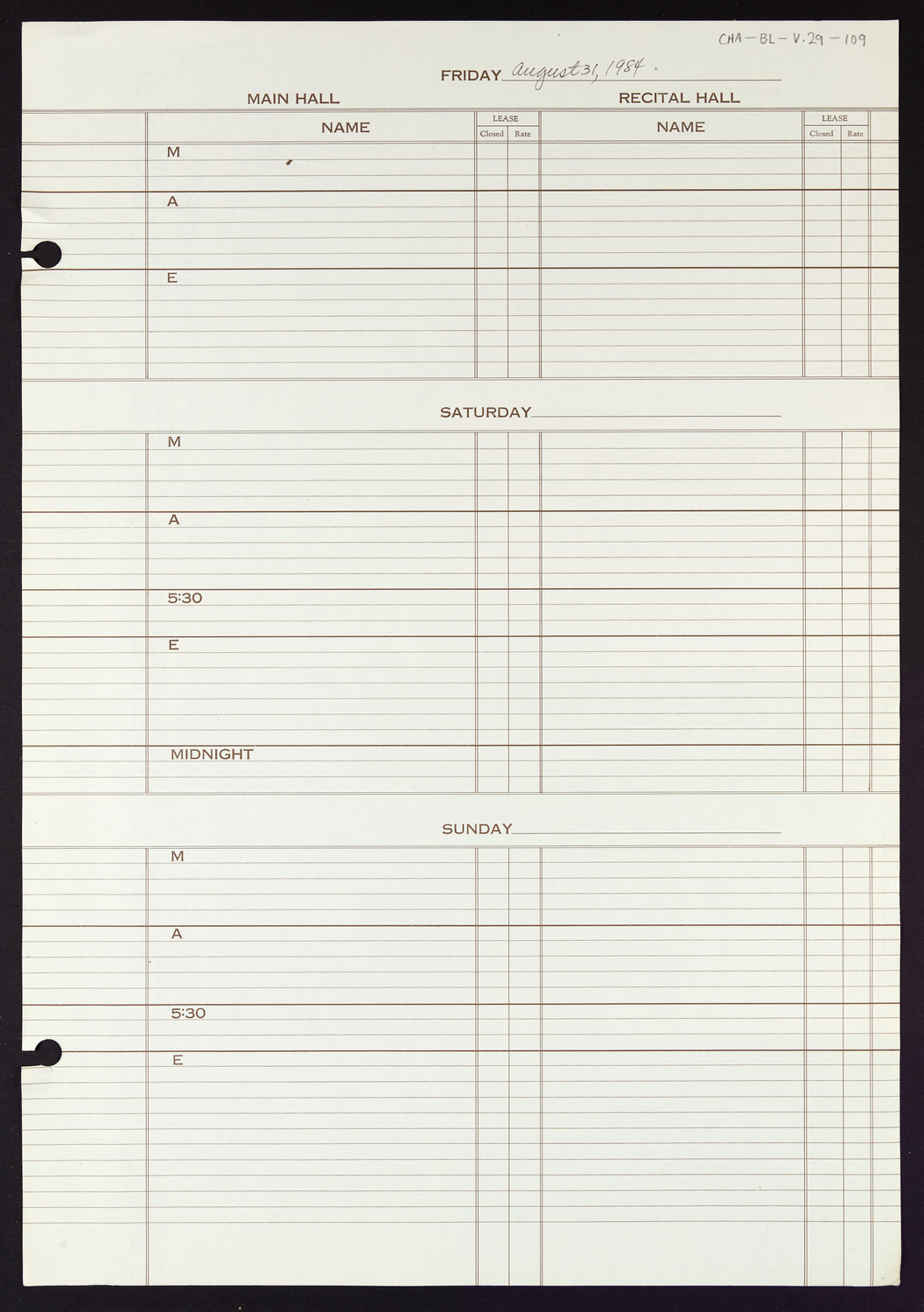 Carnegie Hall Booking Ledger, volume 29, page 109