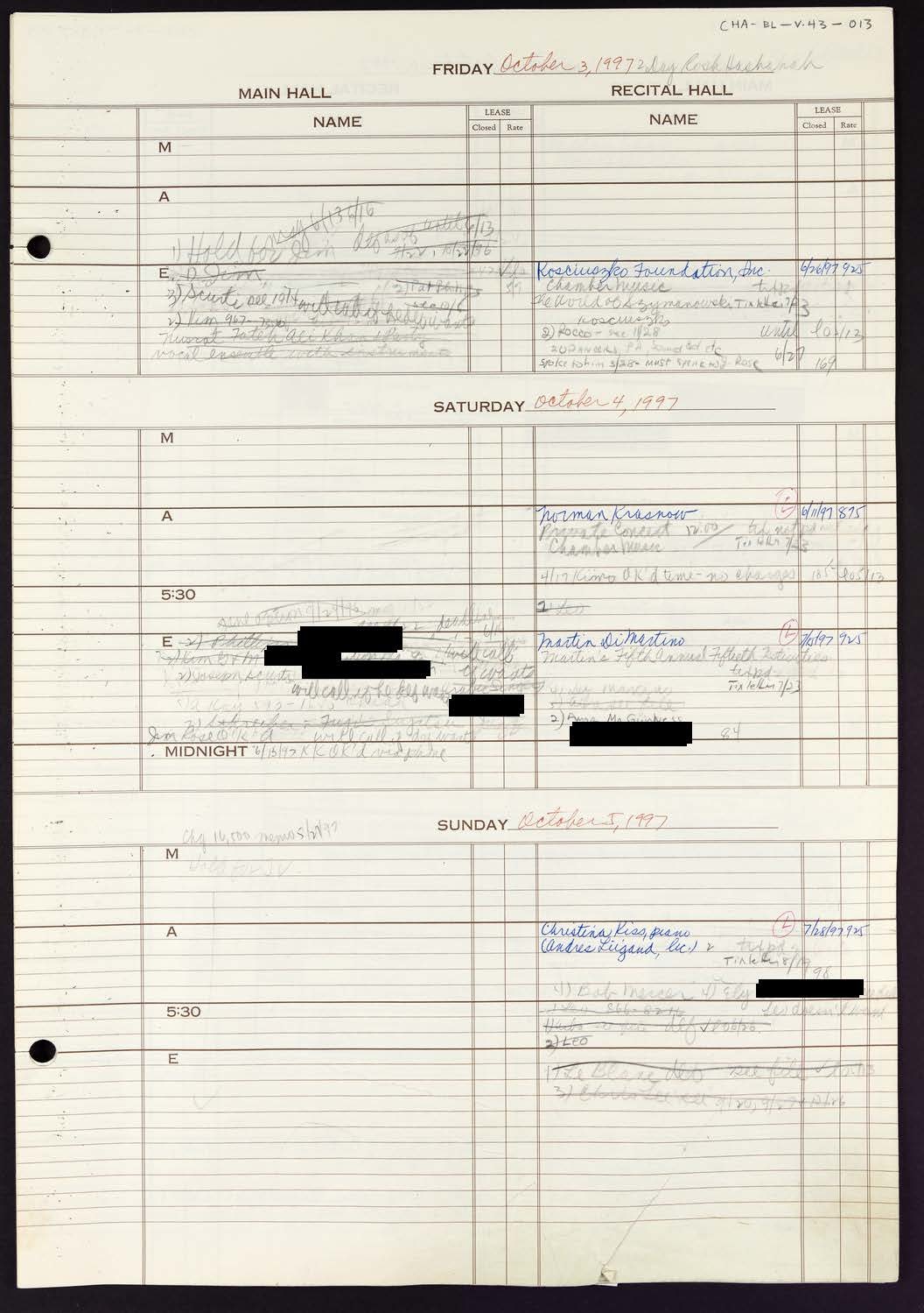 Carnegie Hall Booking Ledger, volume 43, page 13