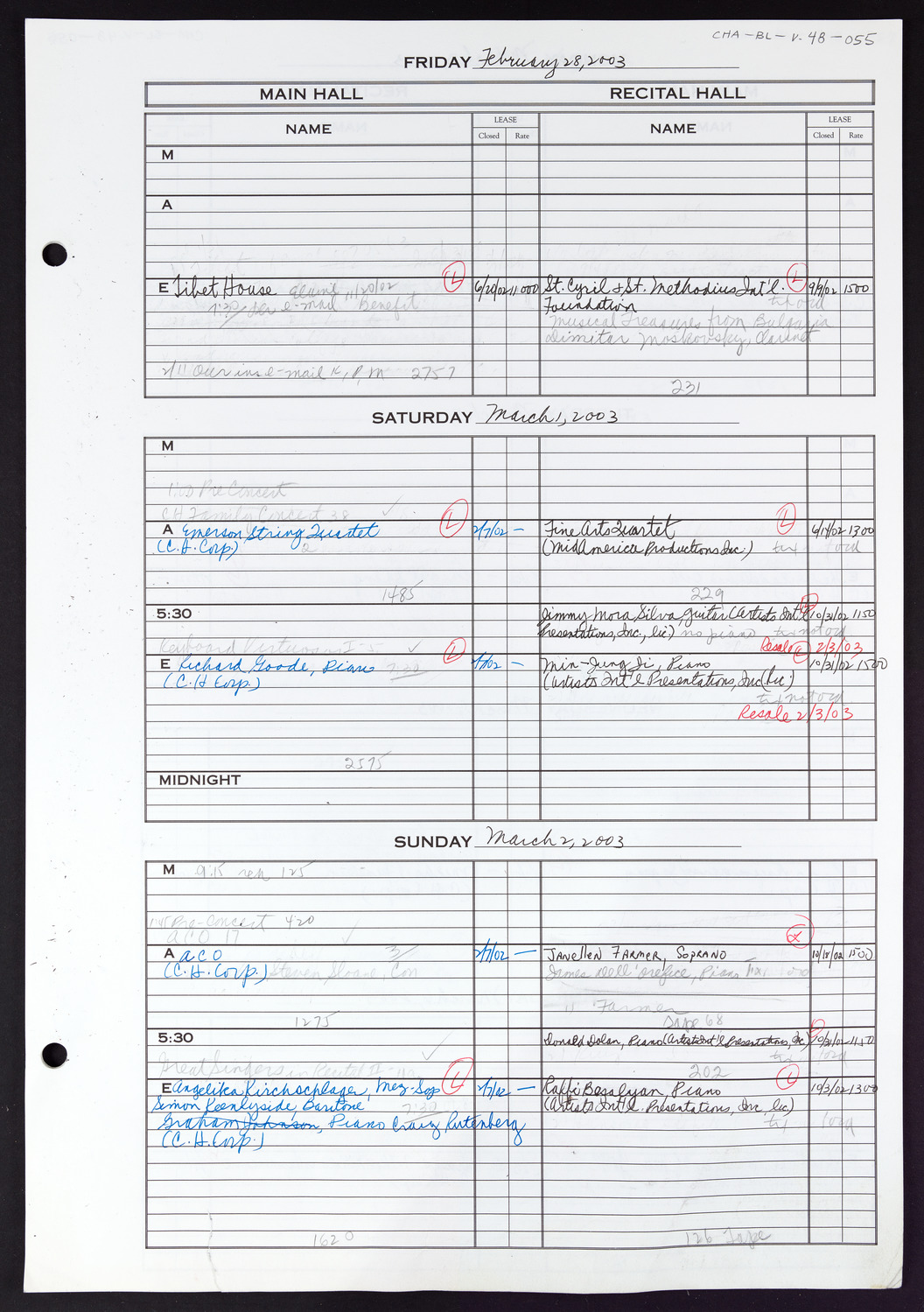 Carnegie Hall Booking Ledger, volume 48, page 55