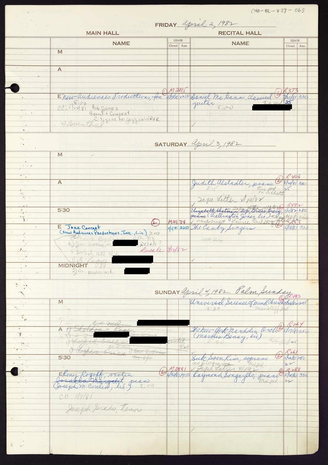 Carnegie Hall Booking Ledger, volume 27, page 65