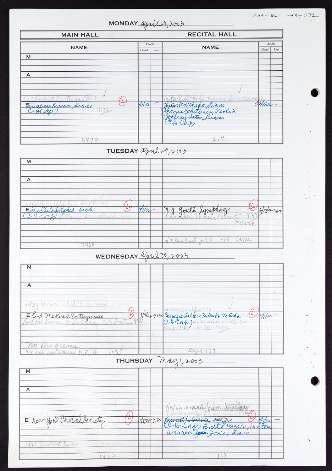 Carnegie Hall Booking Ledger, volume 48, page 72