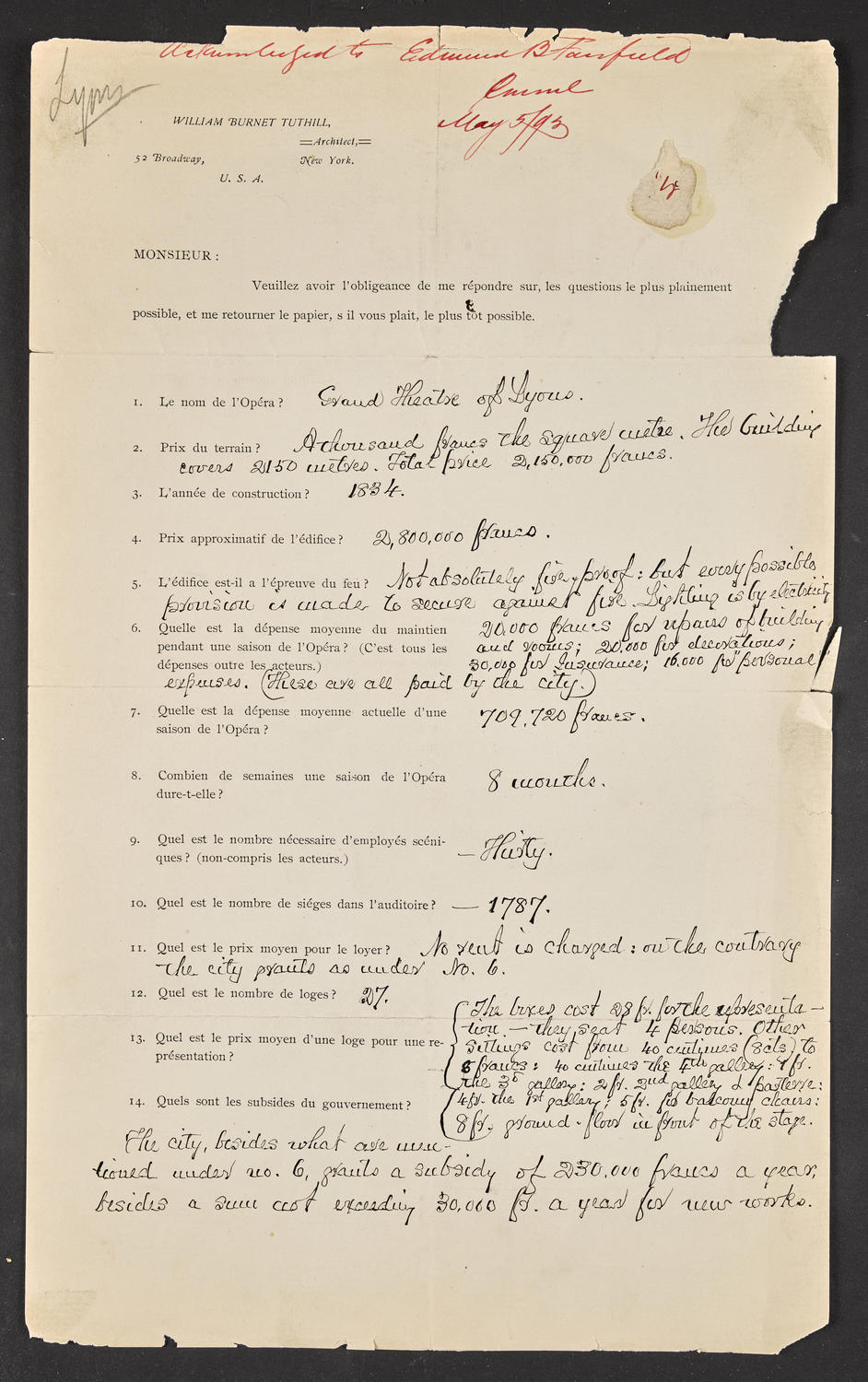 Questionnaire to Grand Théâtre de Lyons