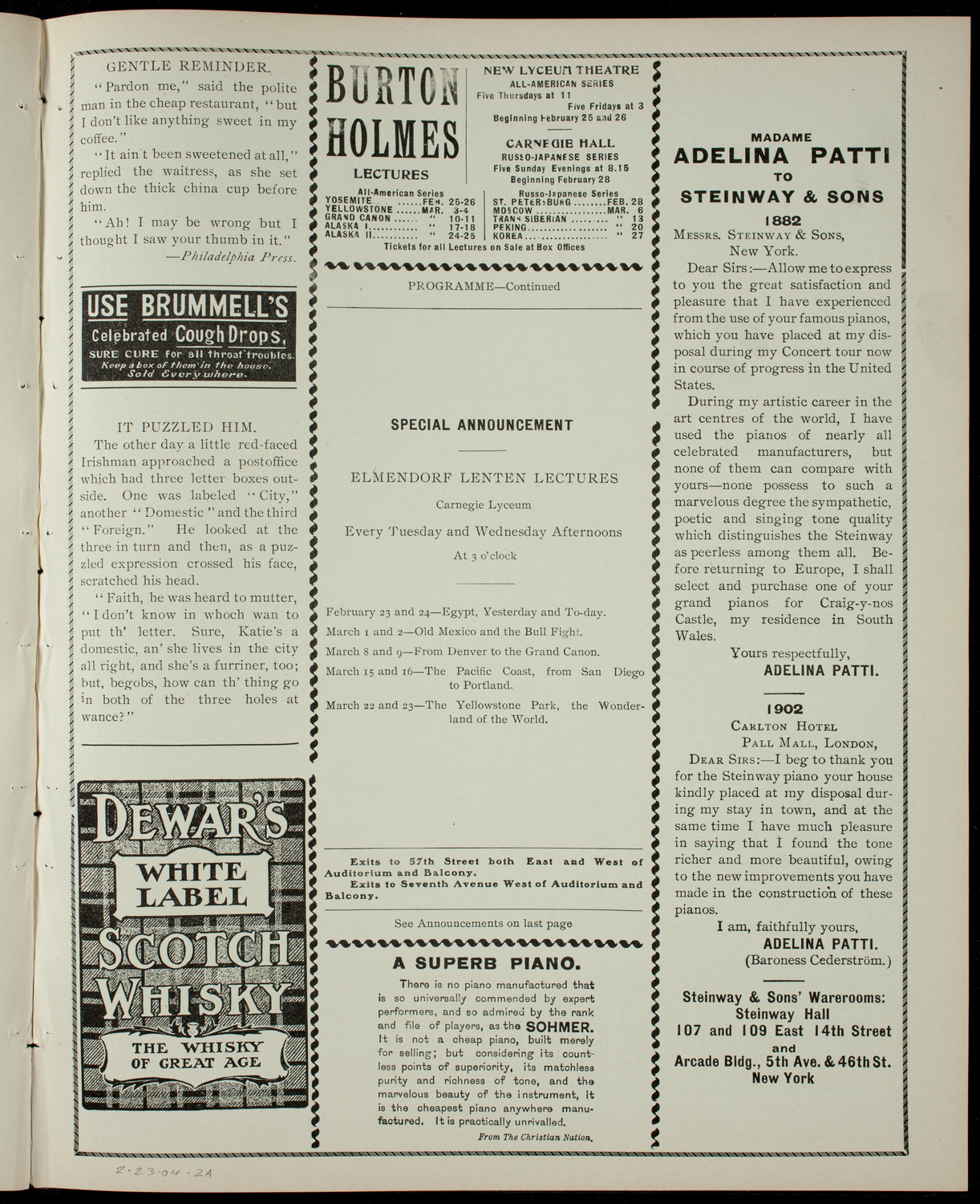 Elmendorf Lecture: Egypt, Yesterday and To-Day, February 23, 1904, program page 3