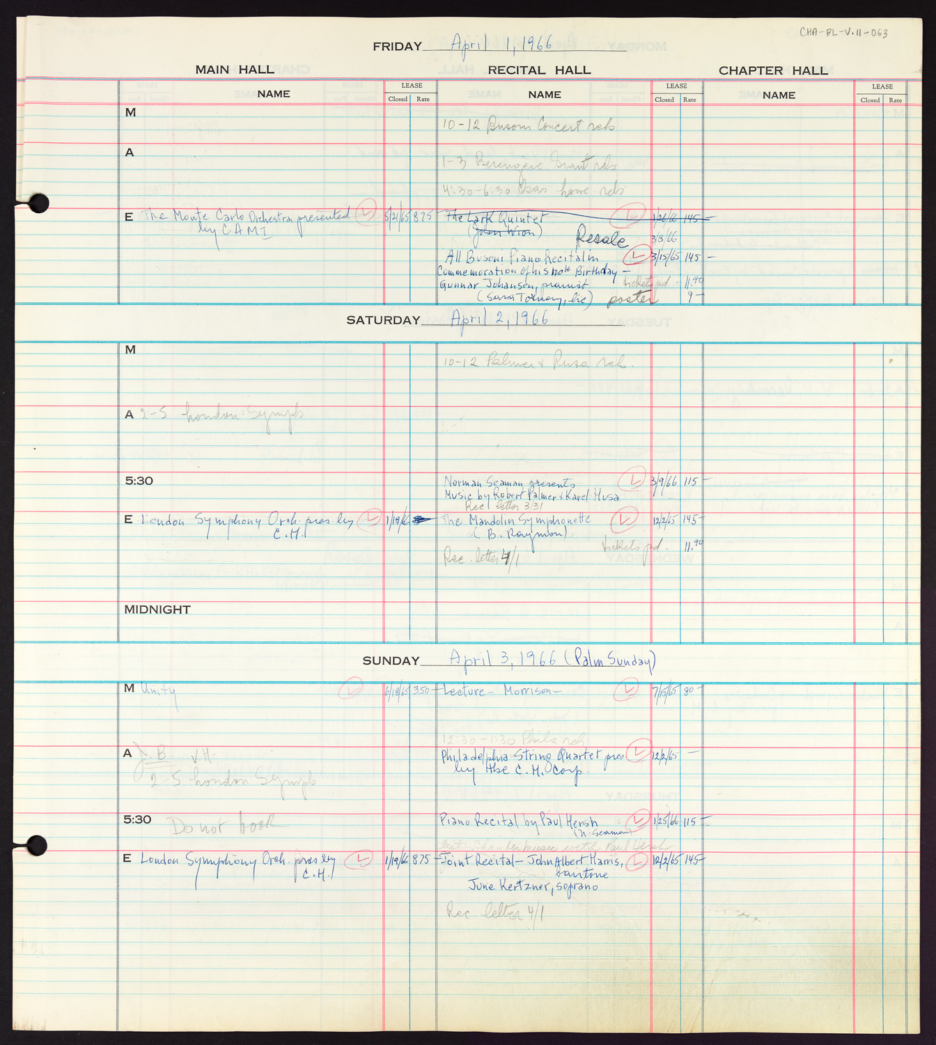 Carnegie Hall Booking Ledger, volume 11, page 63