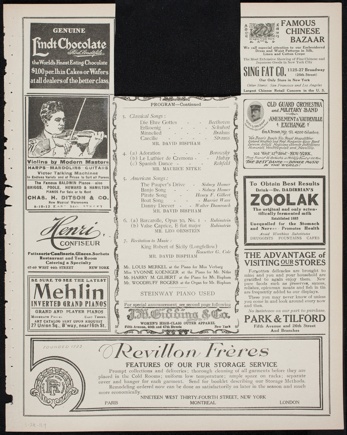 David Bispham, Baritone, May 21, 1911, program page 7