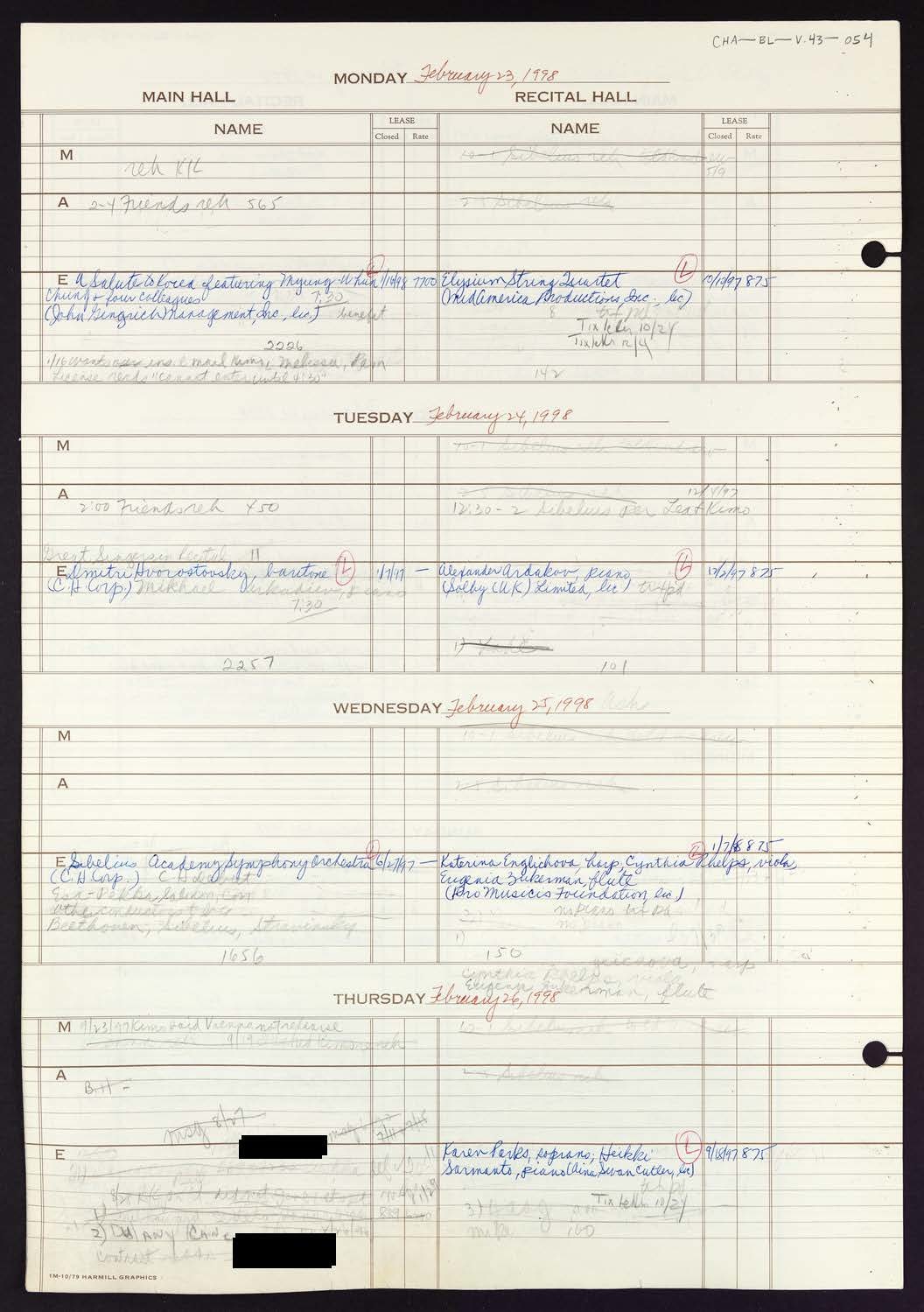 Carnegie Hall Booking Ledger, volume 43, page 54