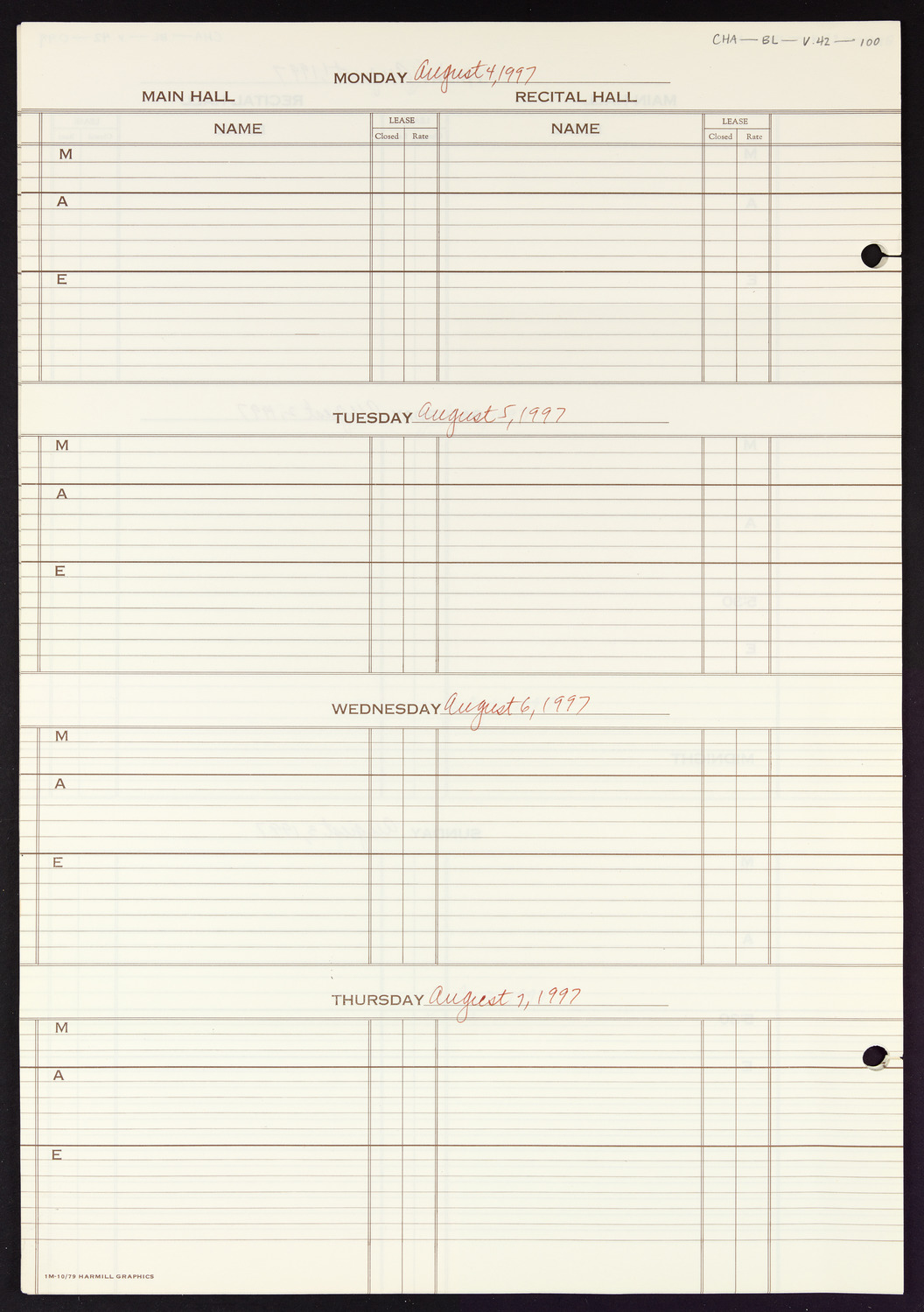 Carnegie Hall Booking Ledger, volume 42, page 100