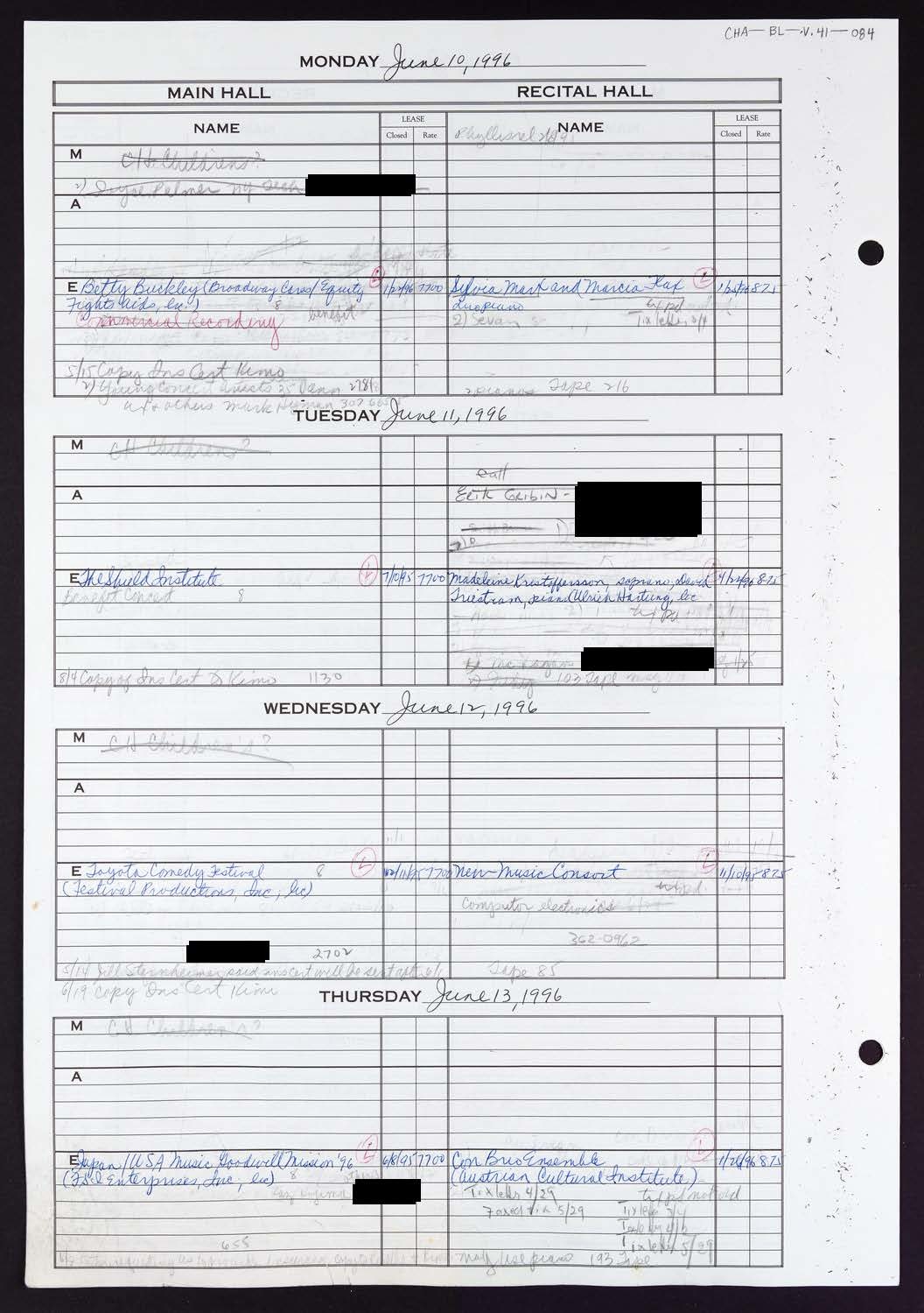 Carnegie Hall Booking Ledger, volume 41, page 84