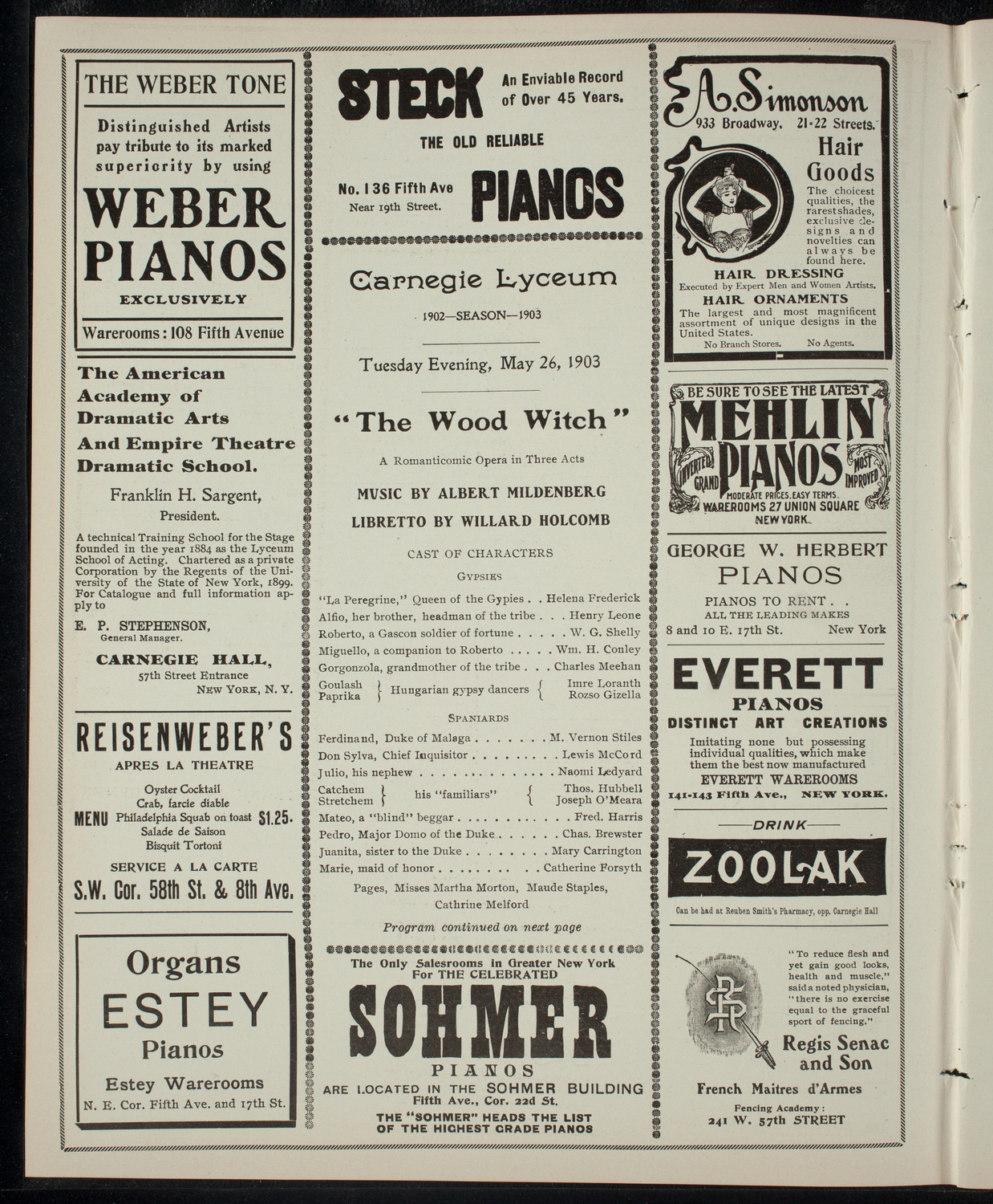 Opera Presentation by Albert Mildenberg, May 26, 1903, program page 2