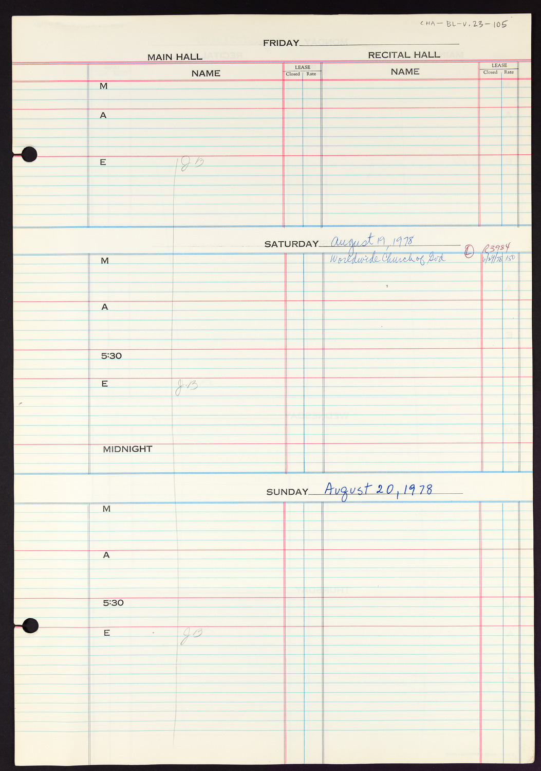 Carnegie Hall Booking Ledger, volume 23, page 105