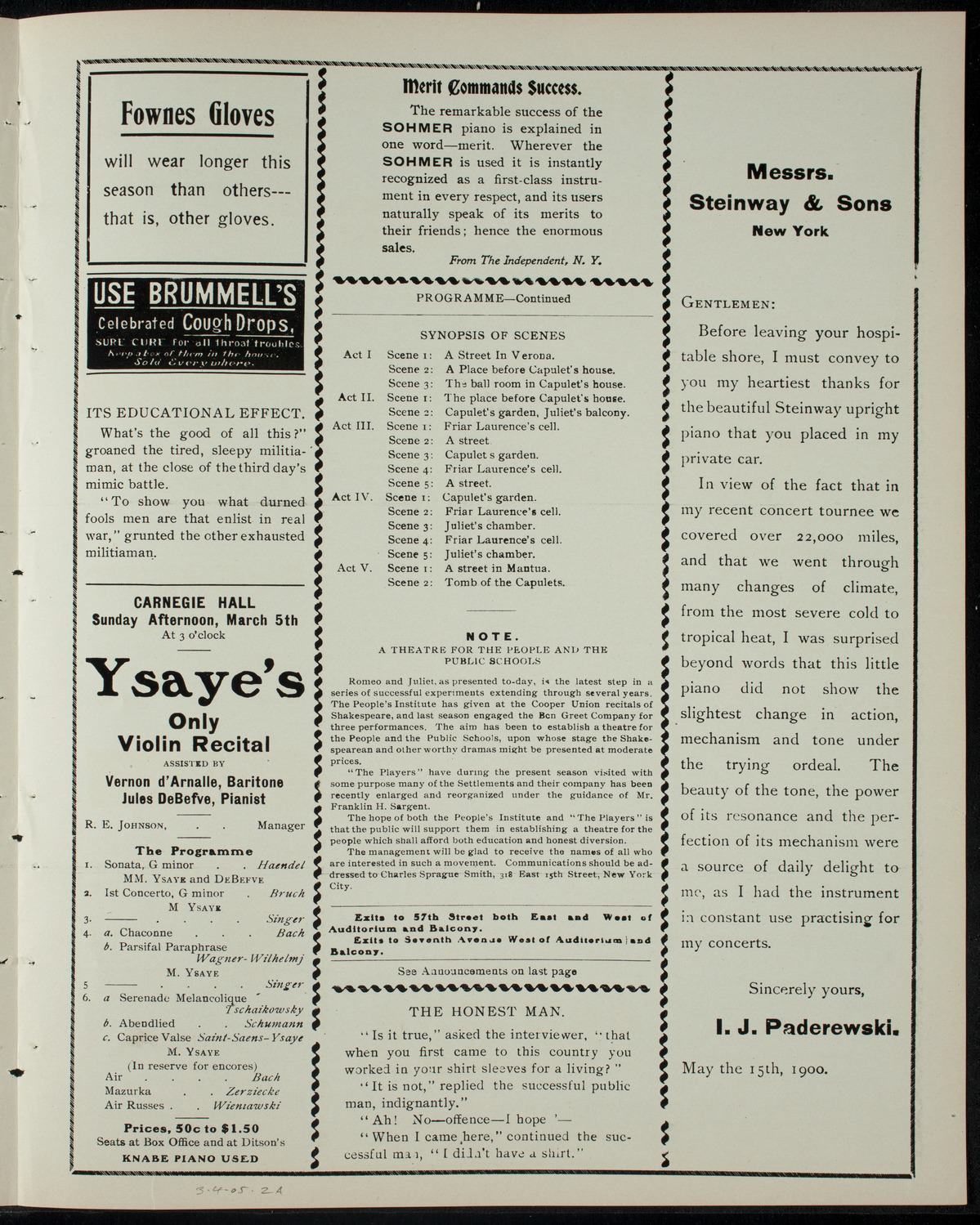 The Players, March 4, 1905, program page 3