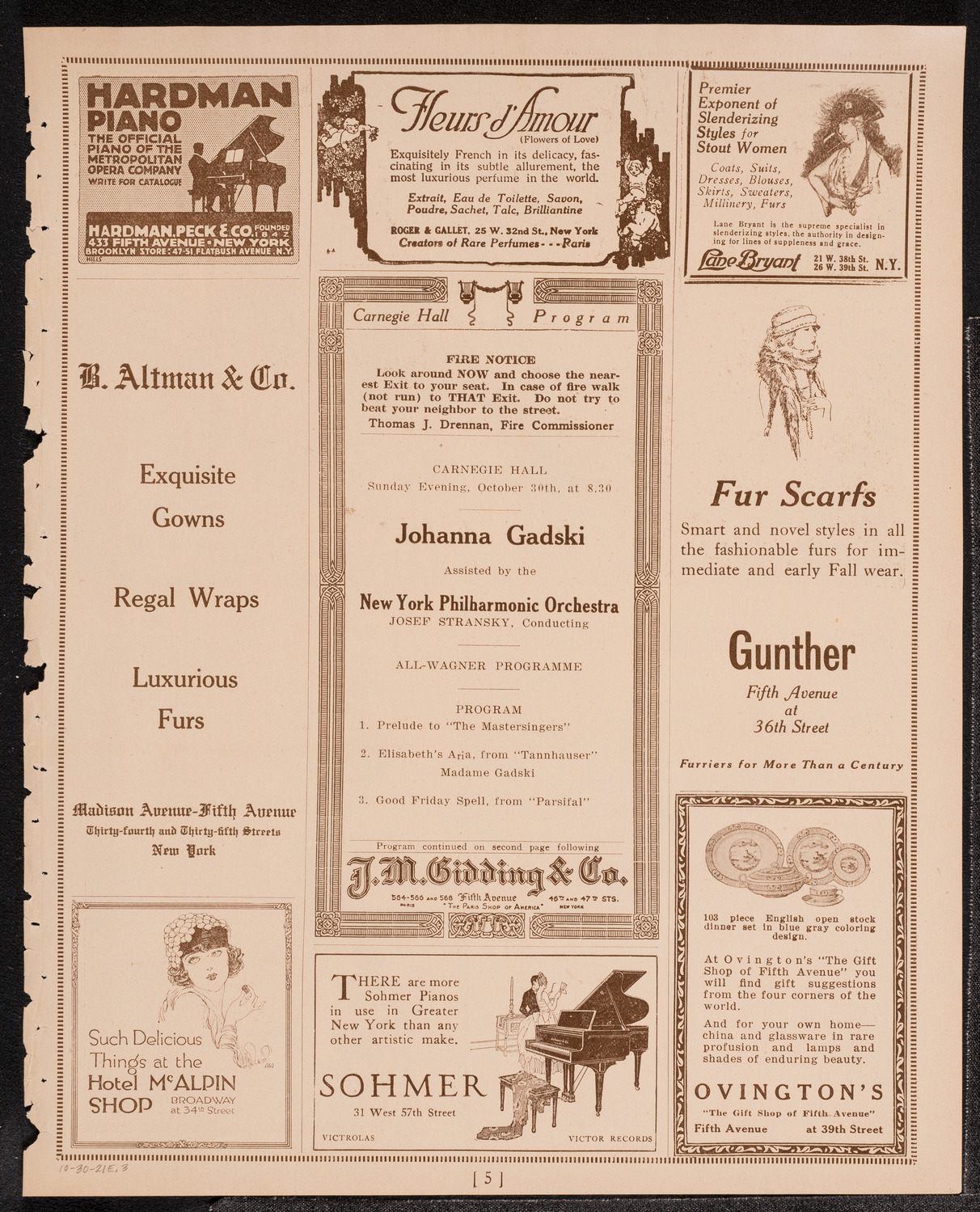 Johanna Gadski, Soprano, with the New York Philharmonic, October 30, 1921, program page 5