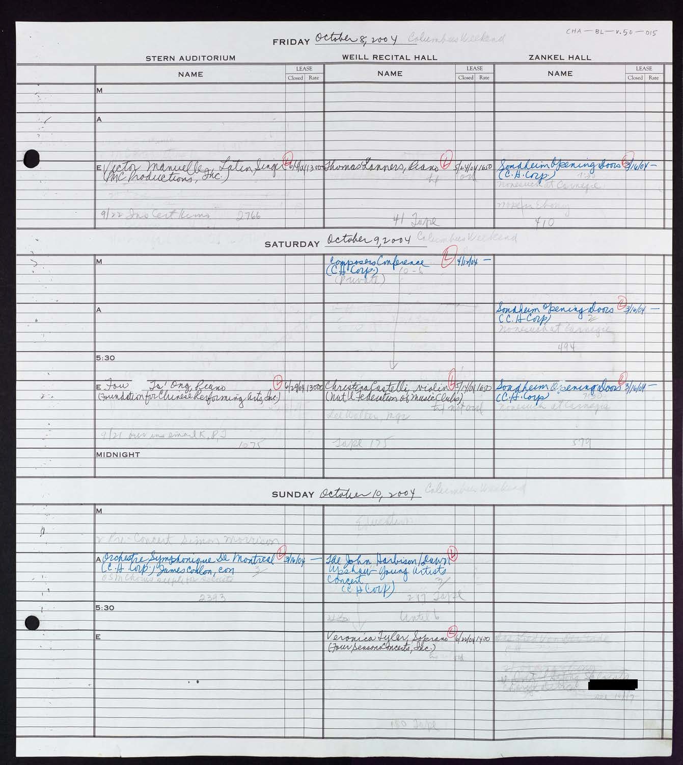 Carnegie Hall Booking Ledger, volume 50, page 15