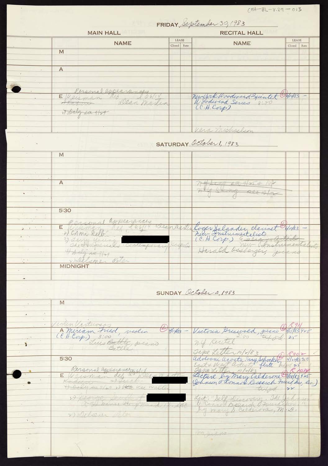 Carnegie Hall Booking Ledger, volume 29, page 13