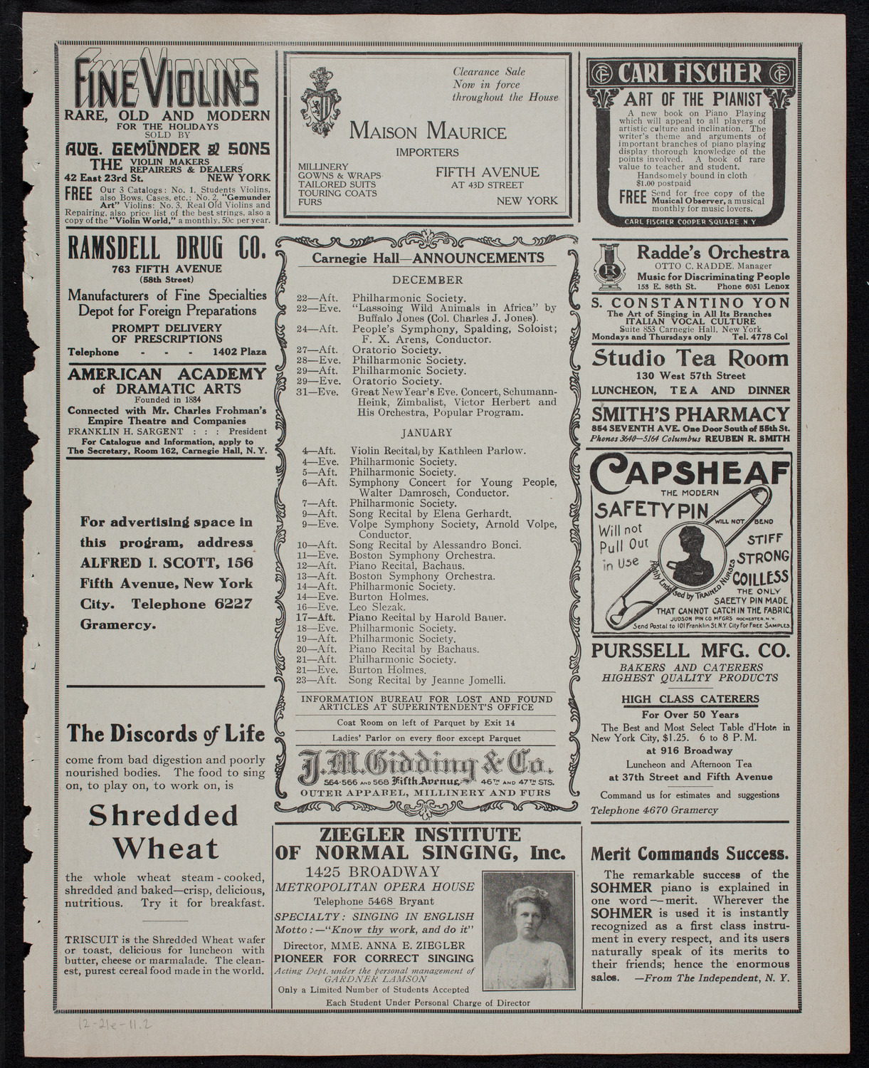 New York Philharmonic, December 21, 1911, program page 3