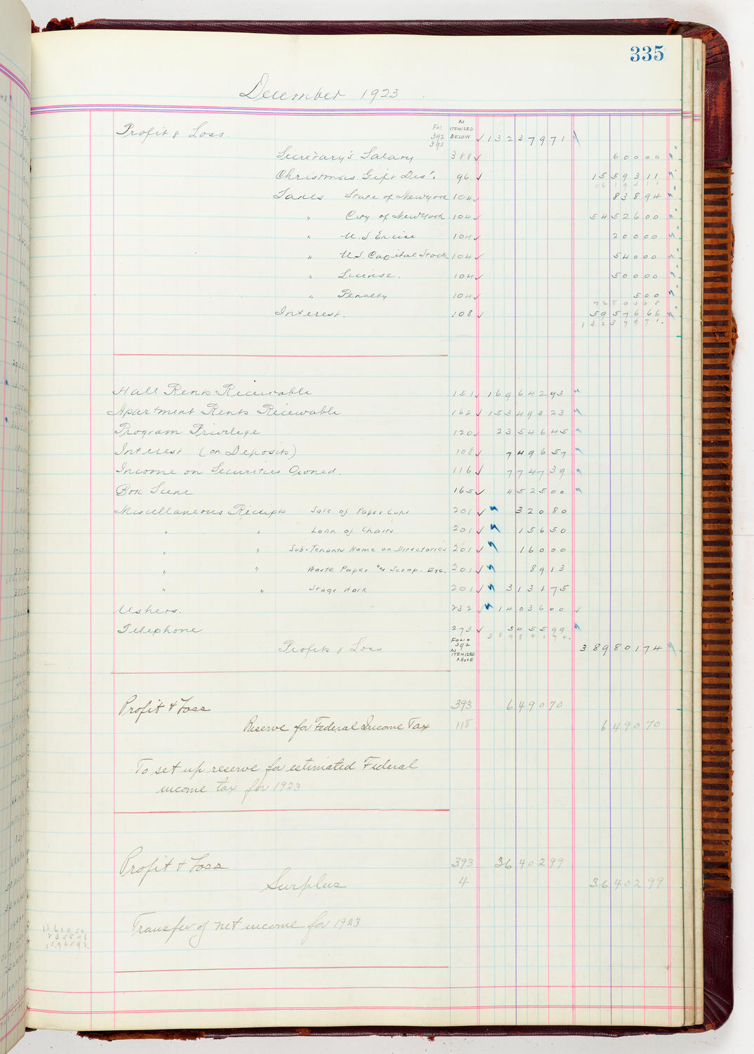 Music Hall Accounting Ledger, volume 5, page 335