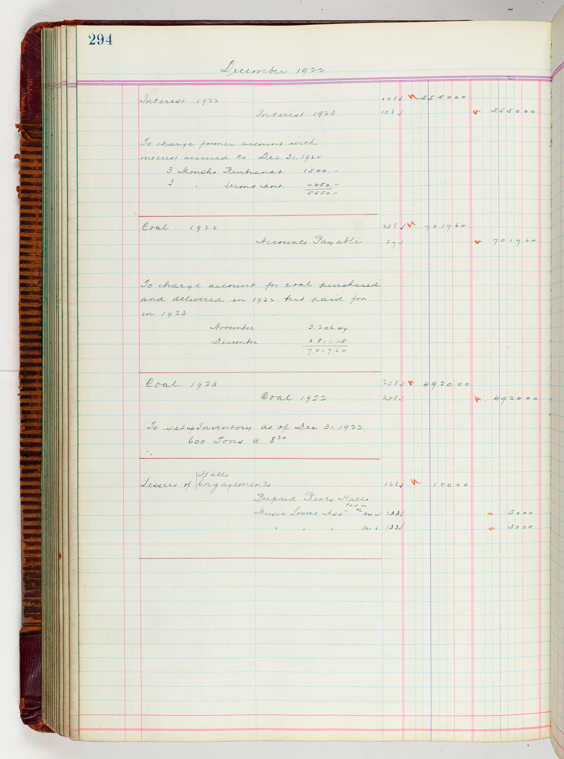 Music Hall Accounting Ledger, volume 5, page 294