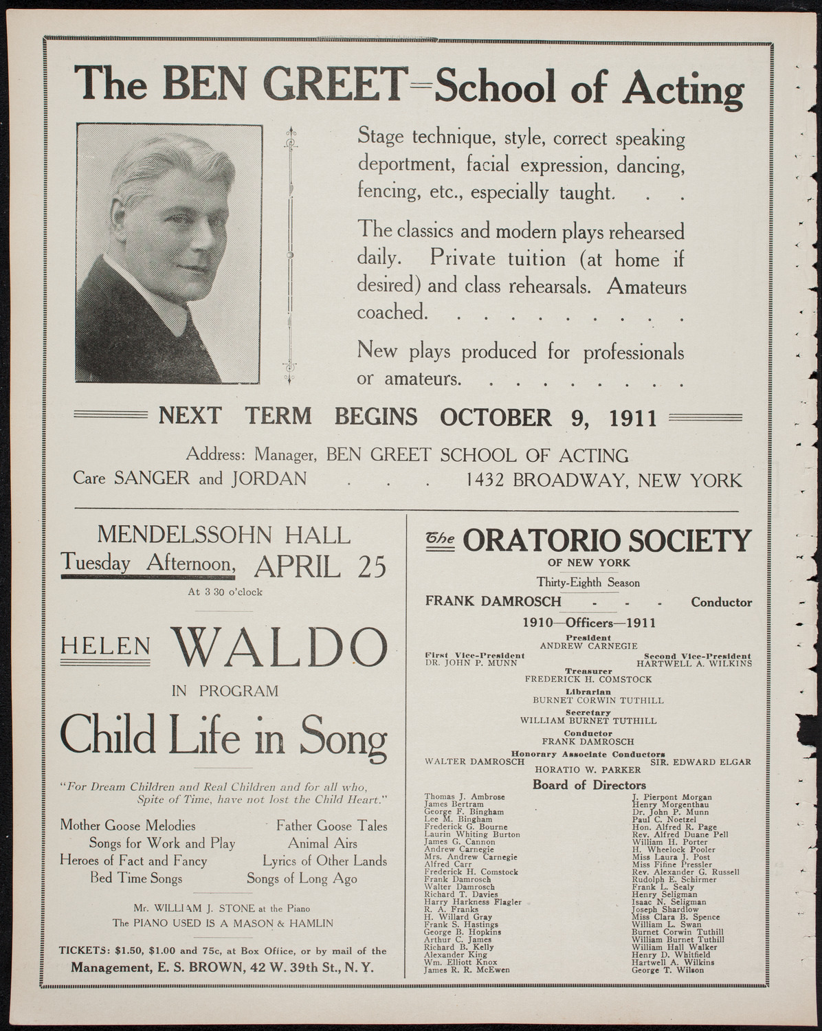 Shakespeare Birthday Festival: The Ben Greet Players and The Volpe Symphony Orchestra, April 22, 1911, program page 10